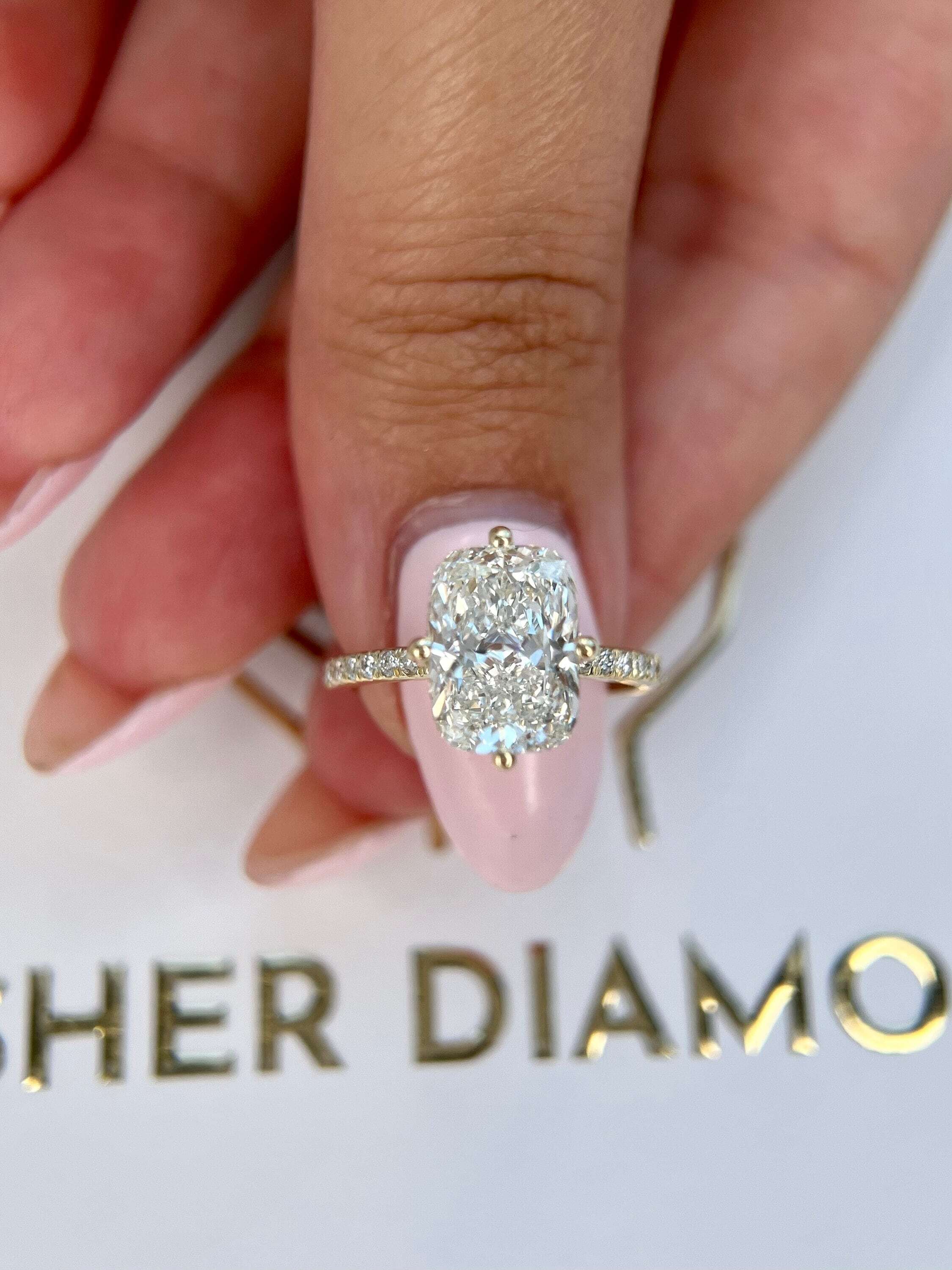Compass Set 3.25 Carat Cushion Cut Diamond Solitaire Hidden Halo Engagement Ring, Round Side Diamonds