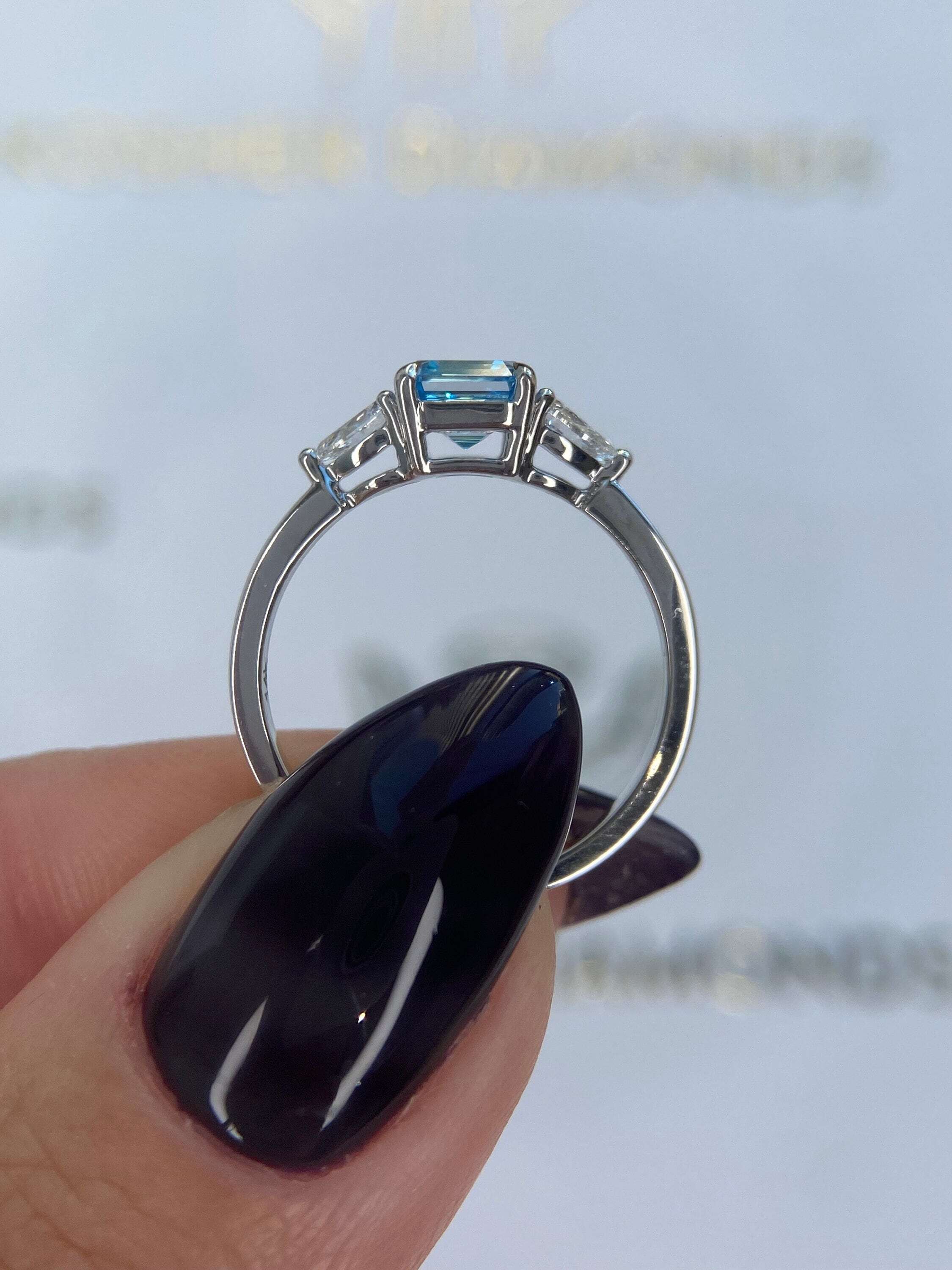 1.3 Carat Fancy Vivid Blue Asscher Cut Diamond Three Stone Engagement Ring, Side Pear Diamonds