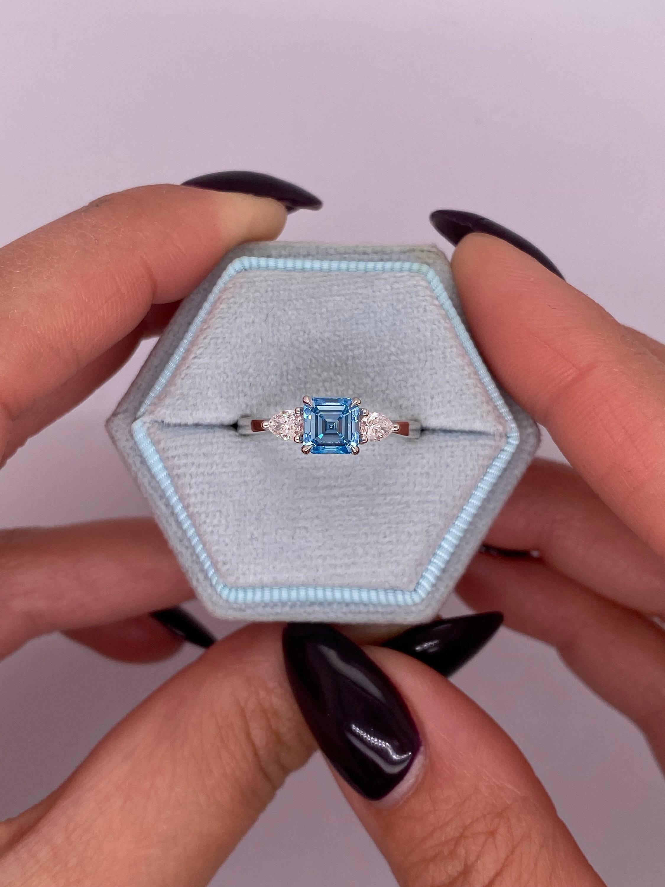 1.3 Carat Fancy Vivid Blue Asscher Cut Diamond Three Stone Engagement Ring, Side Pear Diamonds