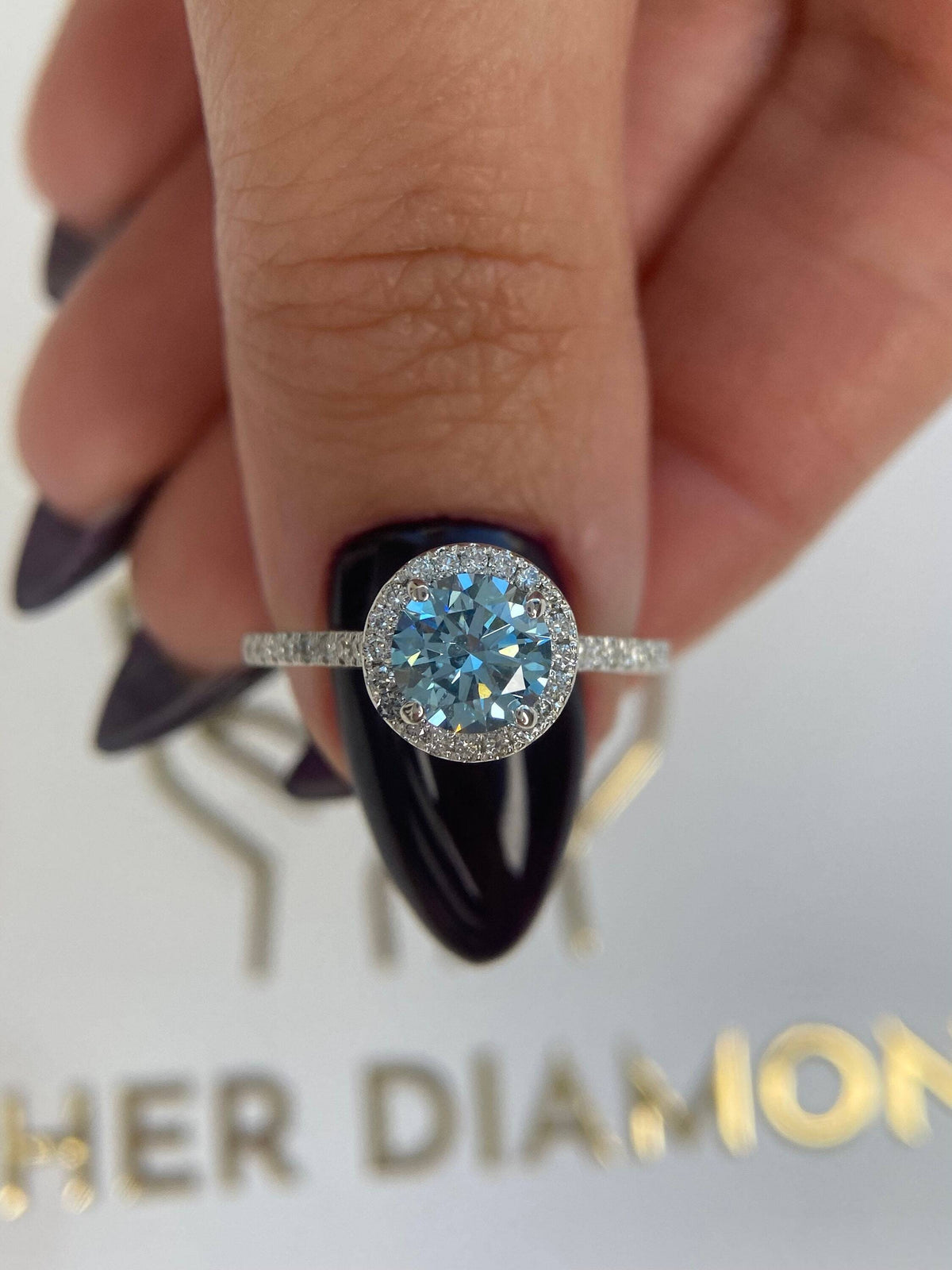 1.35 Carat Fancy Vivid Blue Round Ideal Cut Diamond Halo Cathedral Engagement Ring