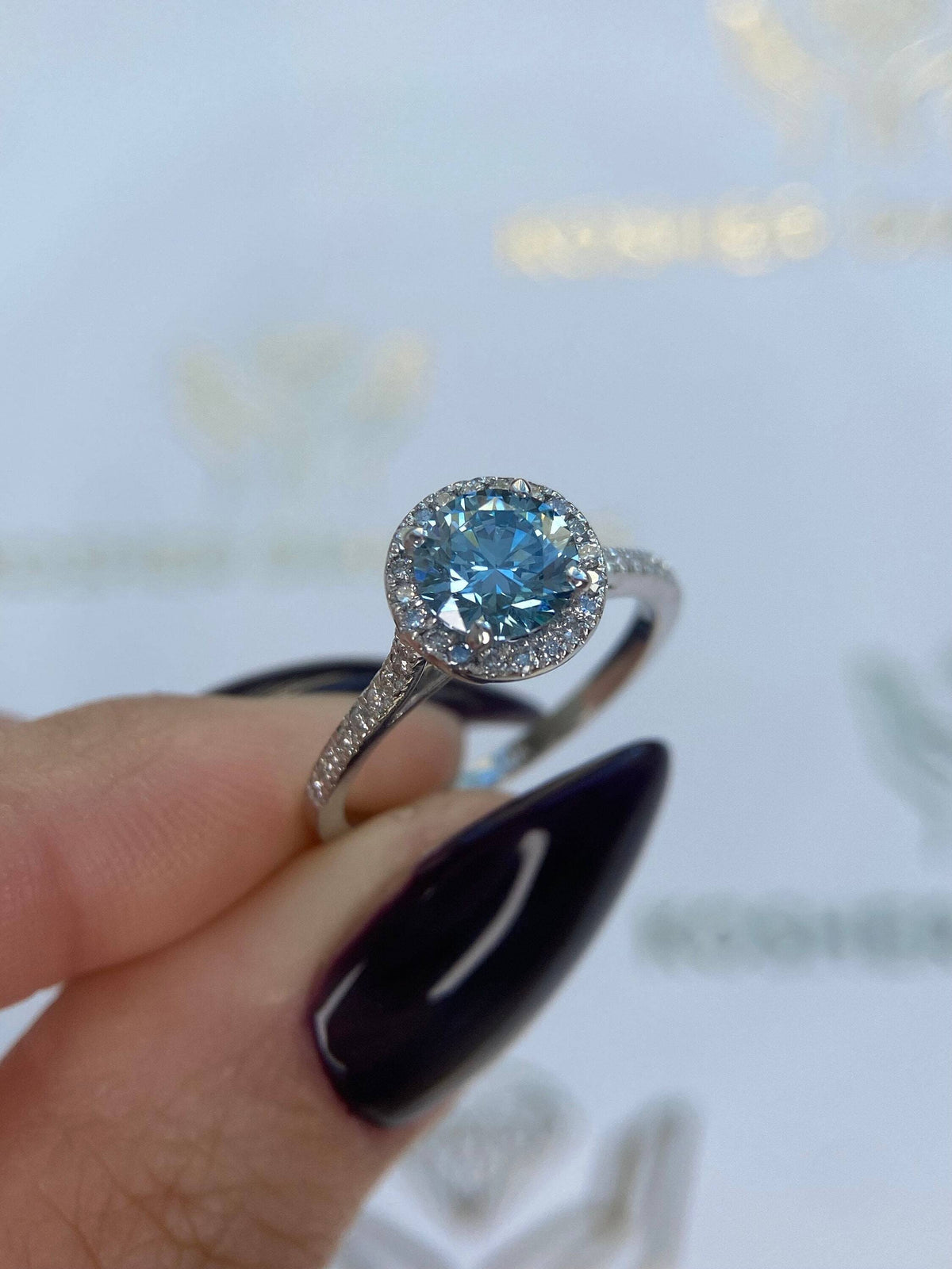 1.35 Carat Fancy Vivid Blue Round Ideal Cut Diamond Halo Cathedral Engagement Ring