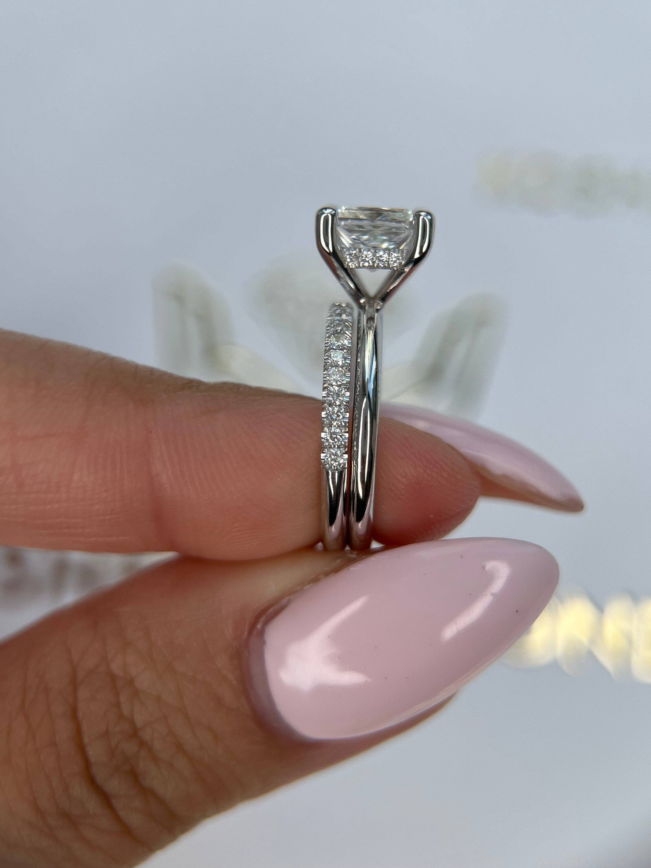 1.75 Carat Princess Cut Diamond Solitaire Hidden Halo Engagement Ring Set with Matching Diamond Band