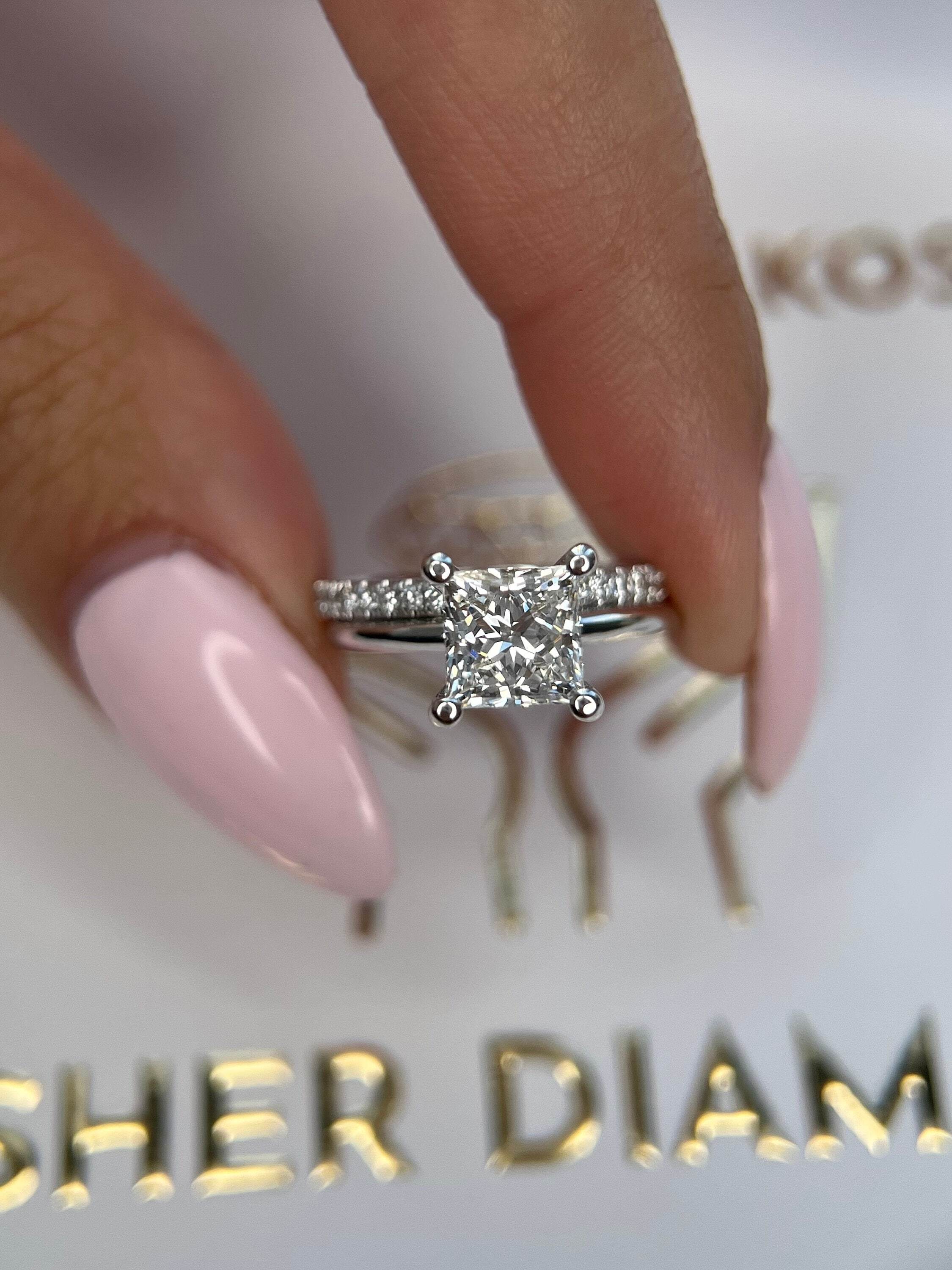 1.75 Carat Princess Cut Diamond Solitaire Hidden Halo Engagement Ring Set with Matching Diamond Band
