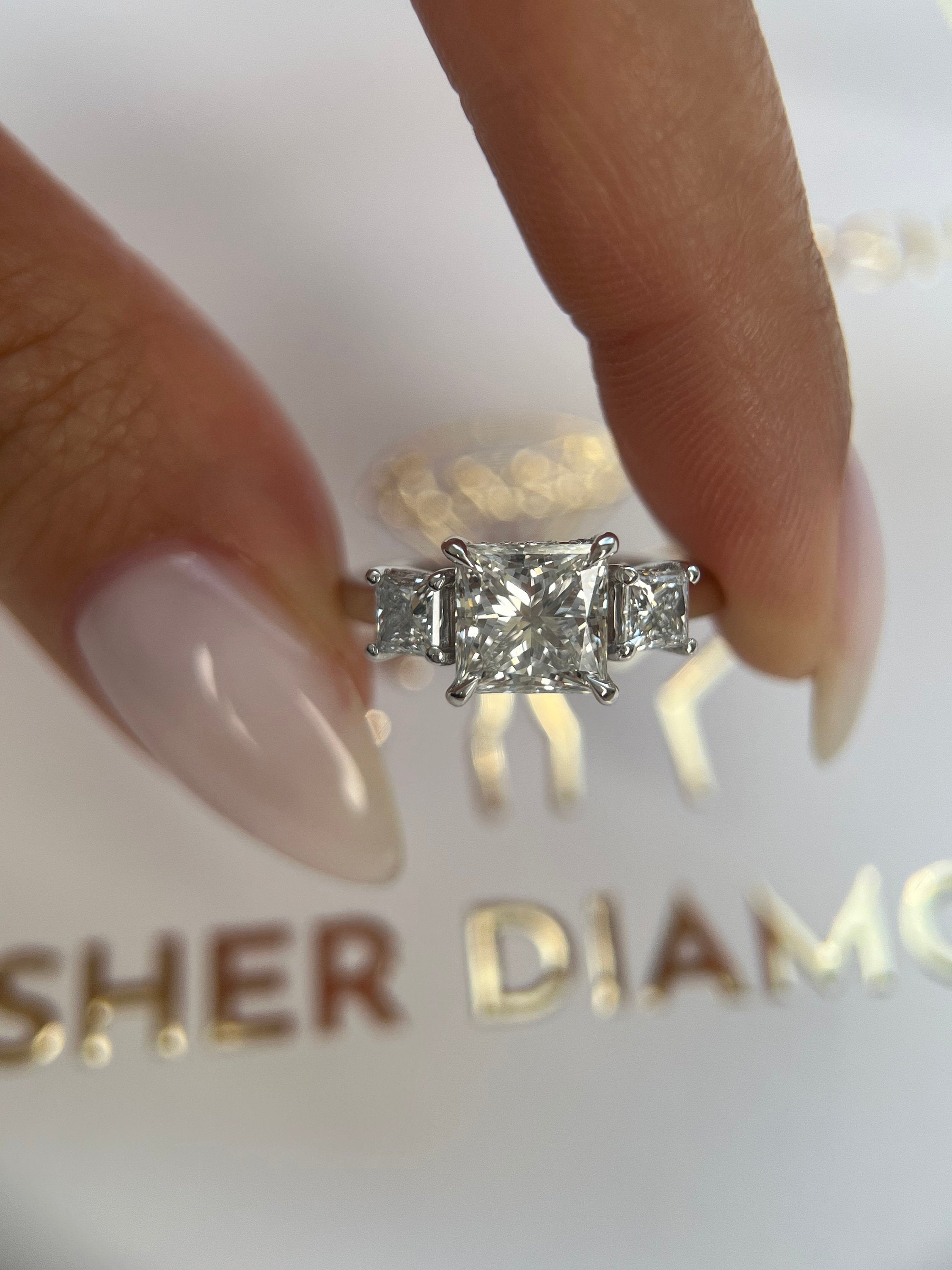 2.75 Carat Princess Cut Three Stone Diamond Engagement Ring with Hidden Halo of Round Diamonds