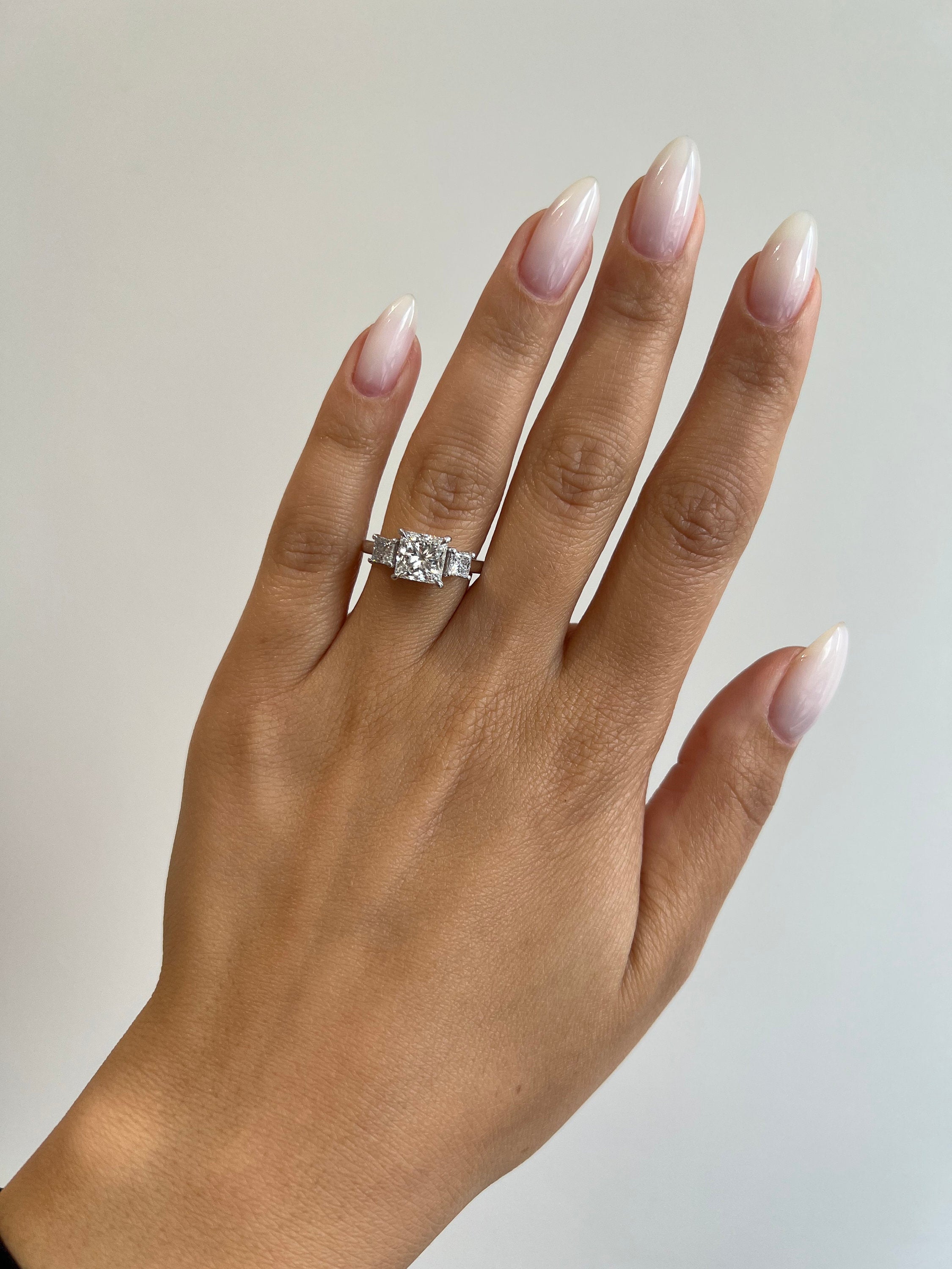 2.75 Carat Princess Cut Three Stone Diamond Engagement Ring with Hidden Halo of Round Diamonds