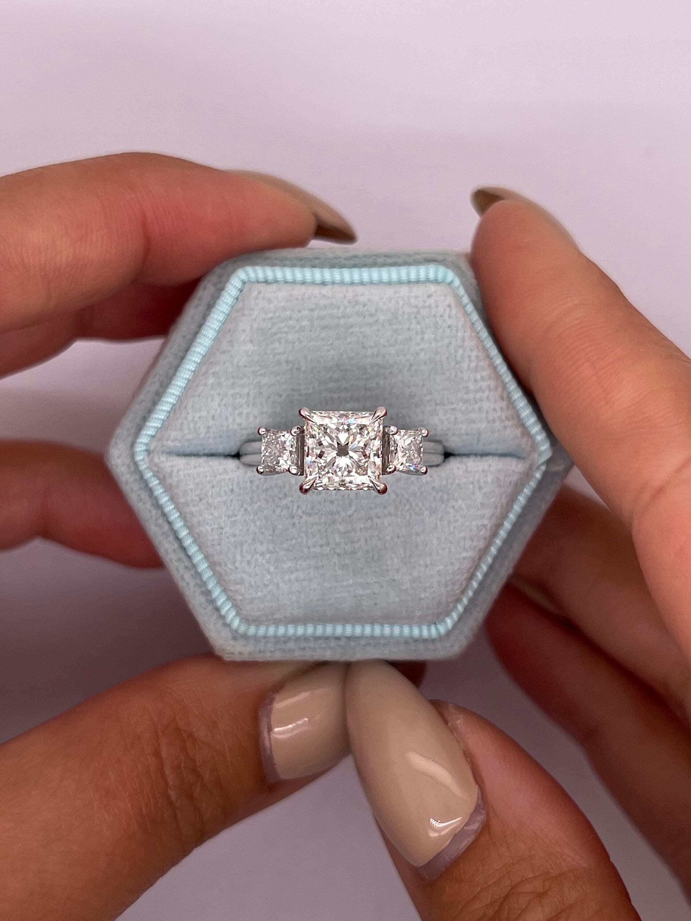 2.75 Carat Princess Cut Three Stone Diamond Engagement Ring with Hidden Halo of Round Diamonds