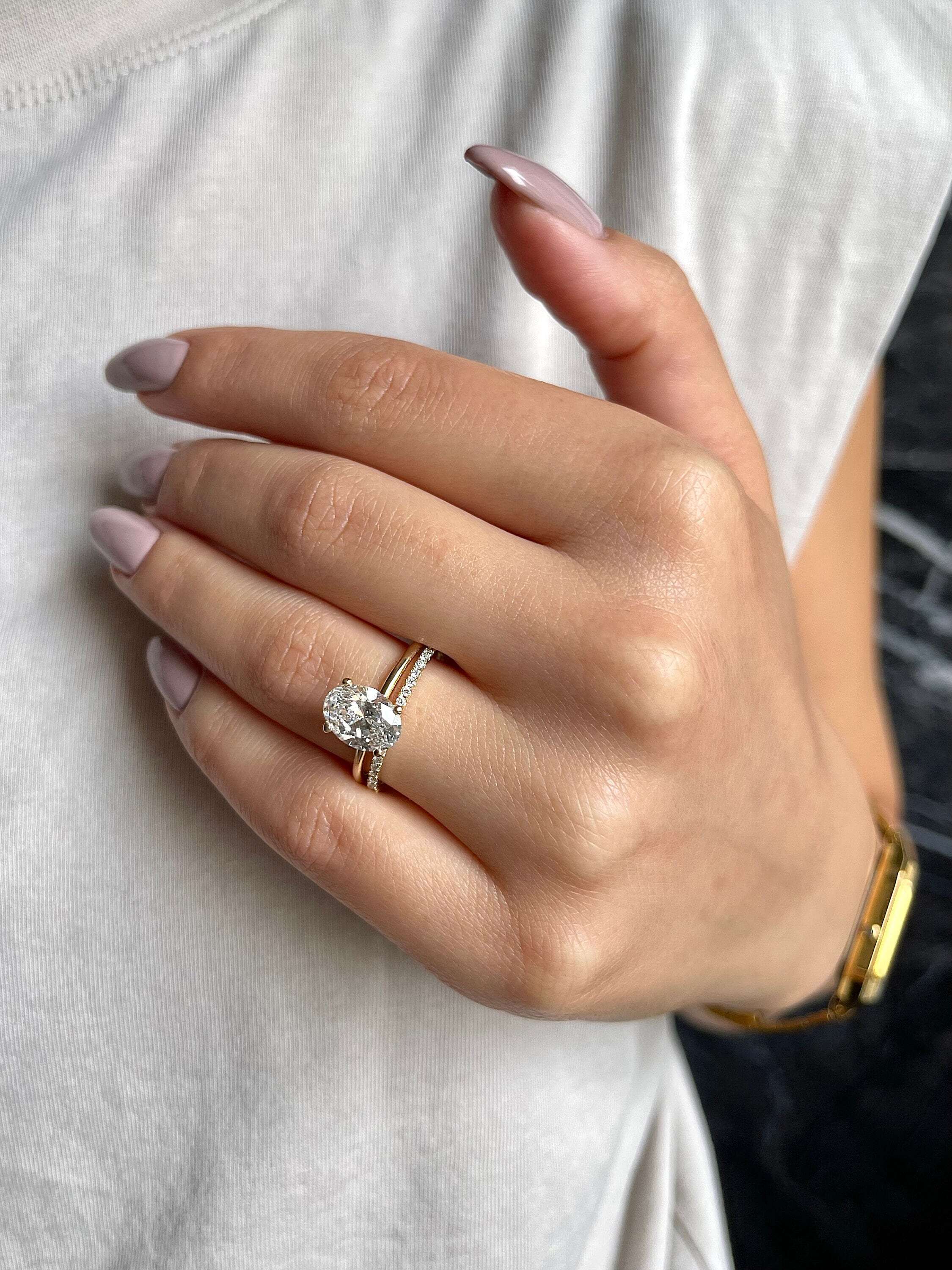 2.25 Carat Oval Cut Diamond Solitaire Engagement Ring Set, Matching Round Diamond Wedding Band