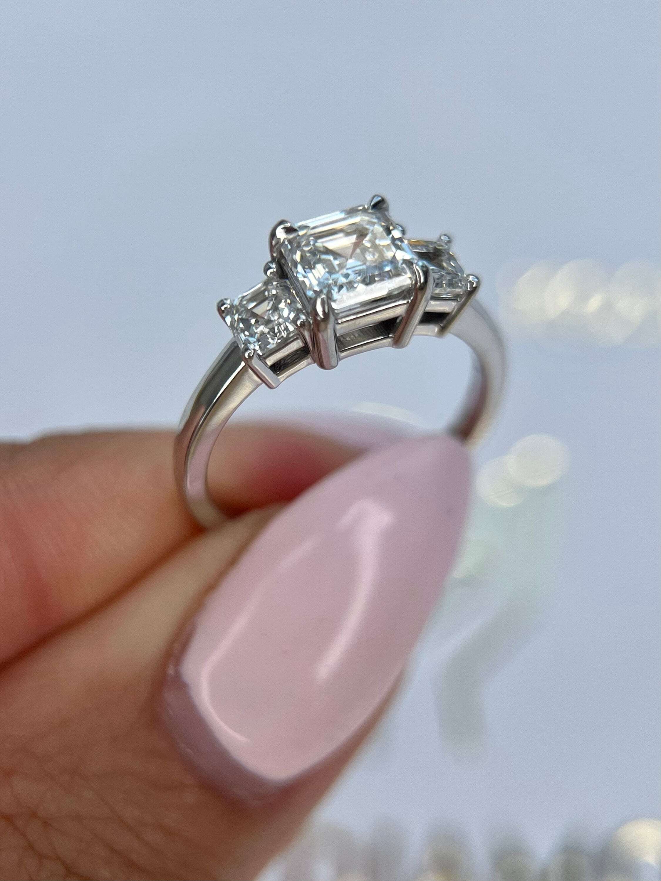 1.5 Carat Asscher Cut Three Stone Diamond Engagement Ring