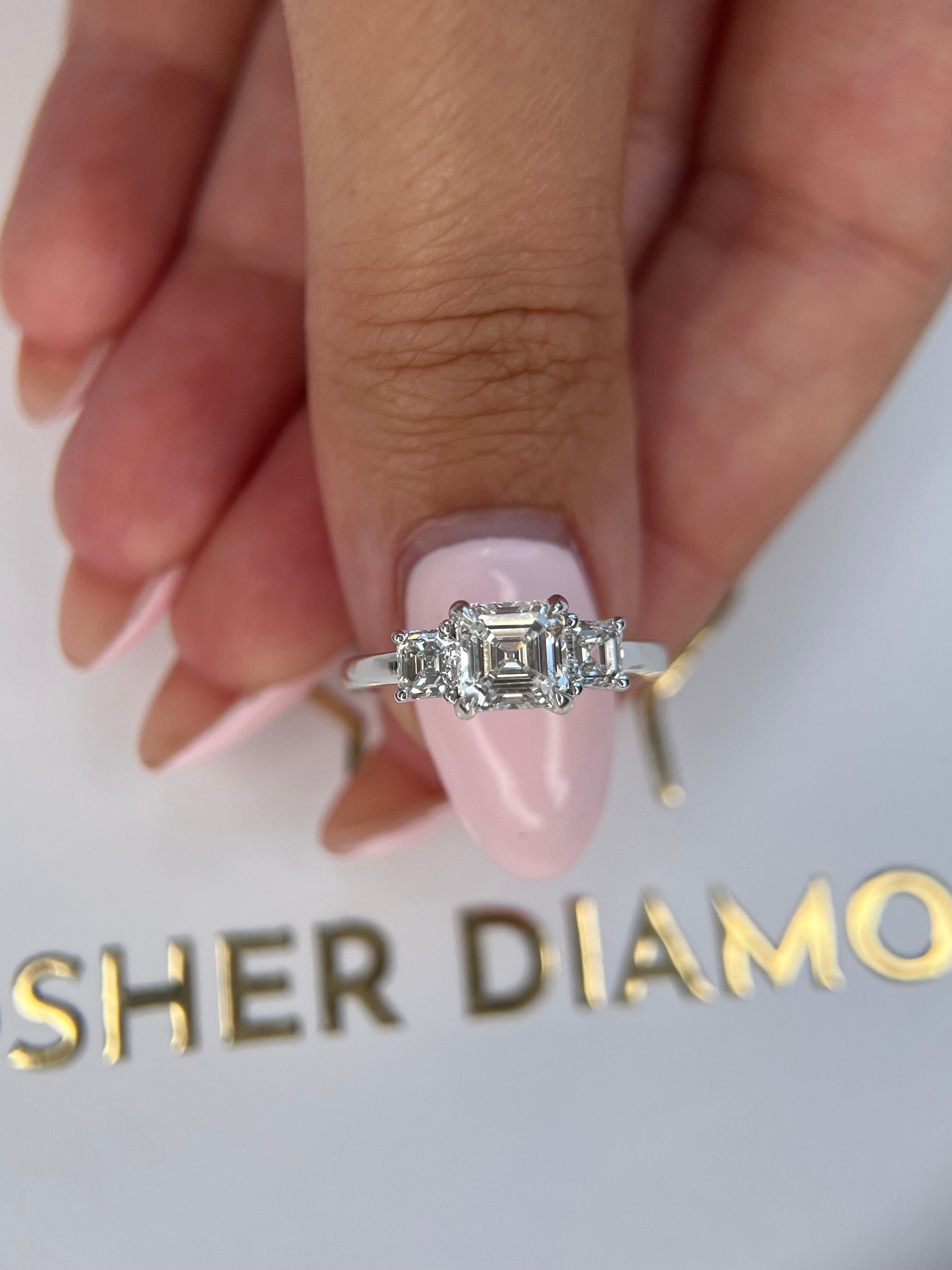 1.5 Carat Asscher Cut Three Stone Diamond Engagement Ring