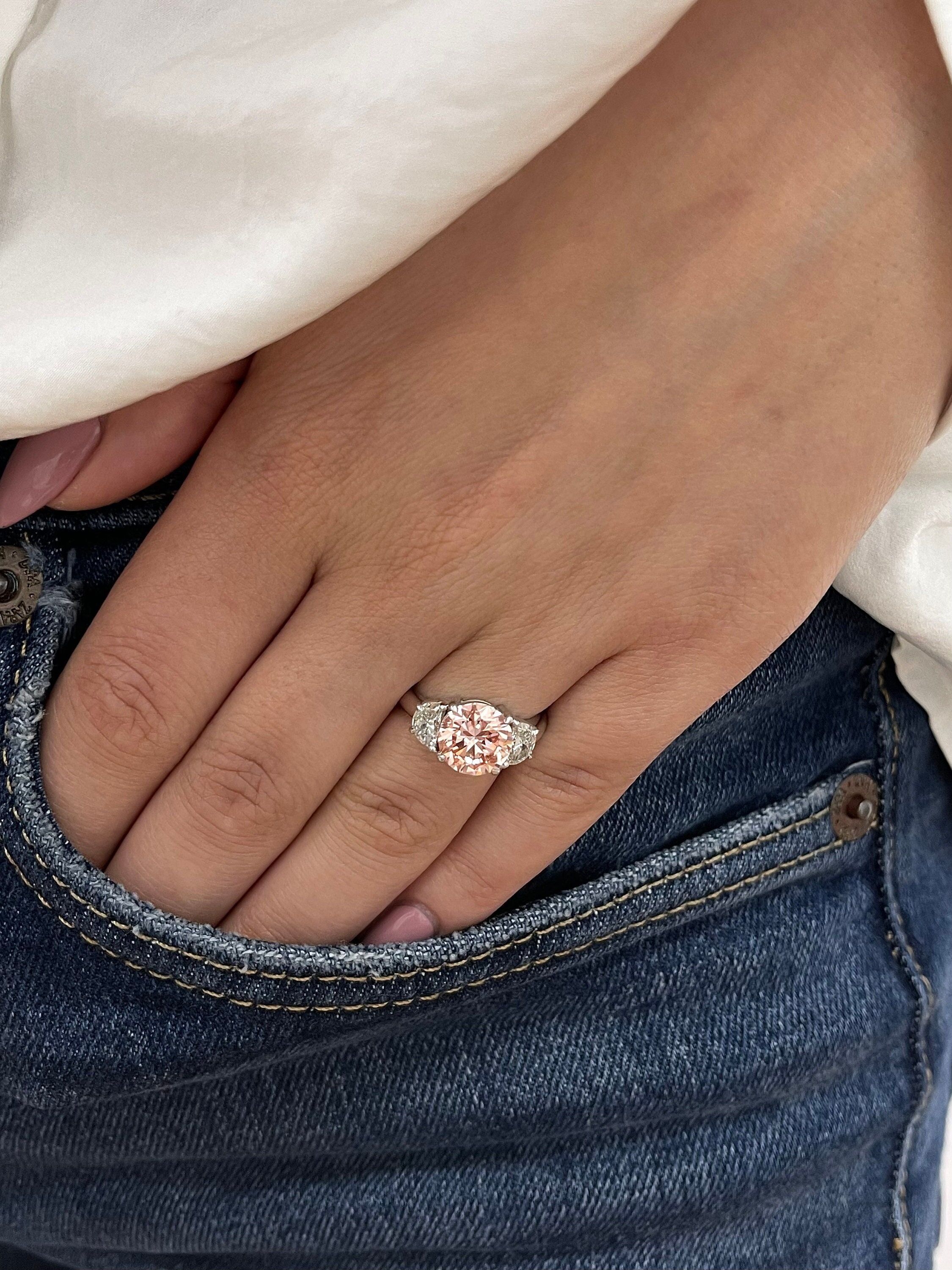 2.5 Carat Fancy Vivid Pink Color Round Ideal Cut Three Stone Diamond Engagement Ring, Half Moon Side Diamonds