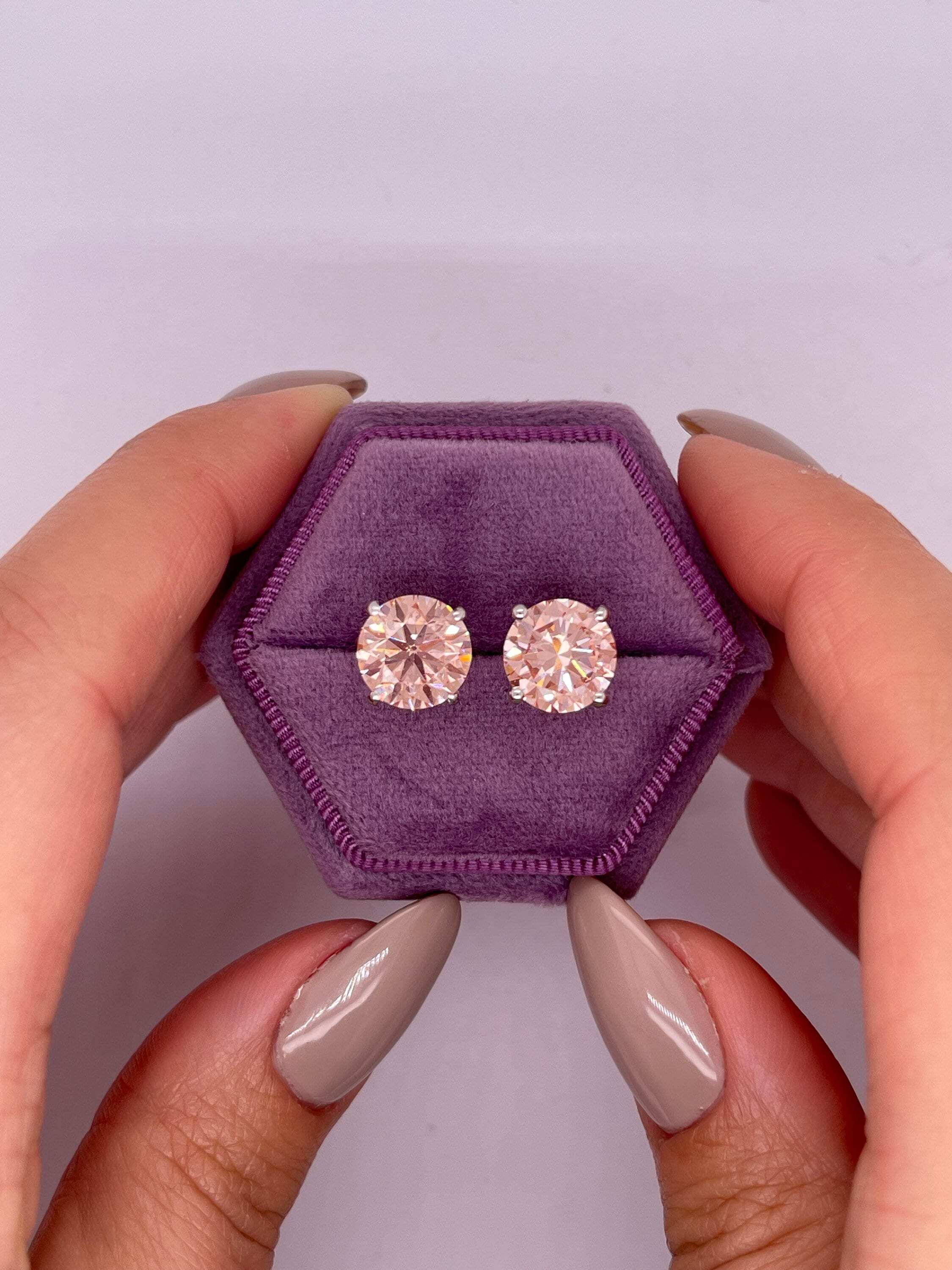 6 Carat Total Fancy Vivid Pink Color Round Ideal Cut Diamond Stud Earrings