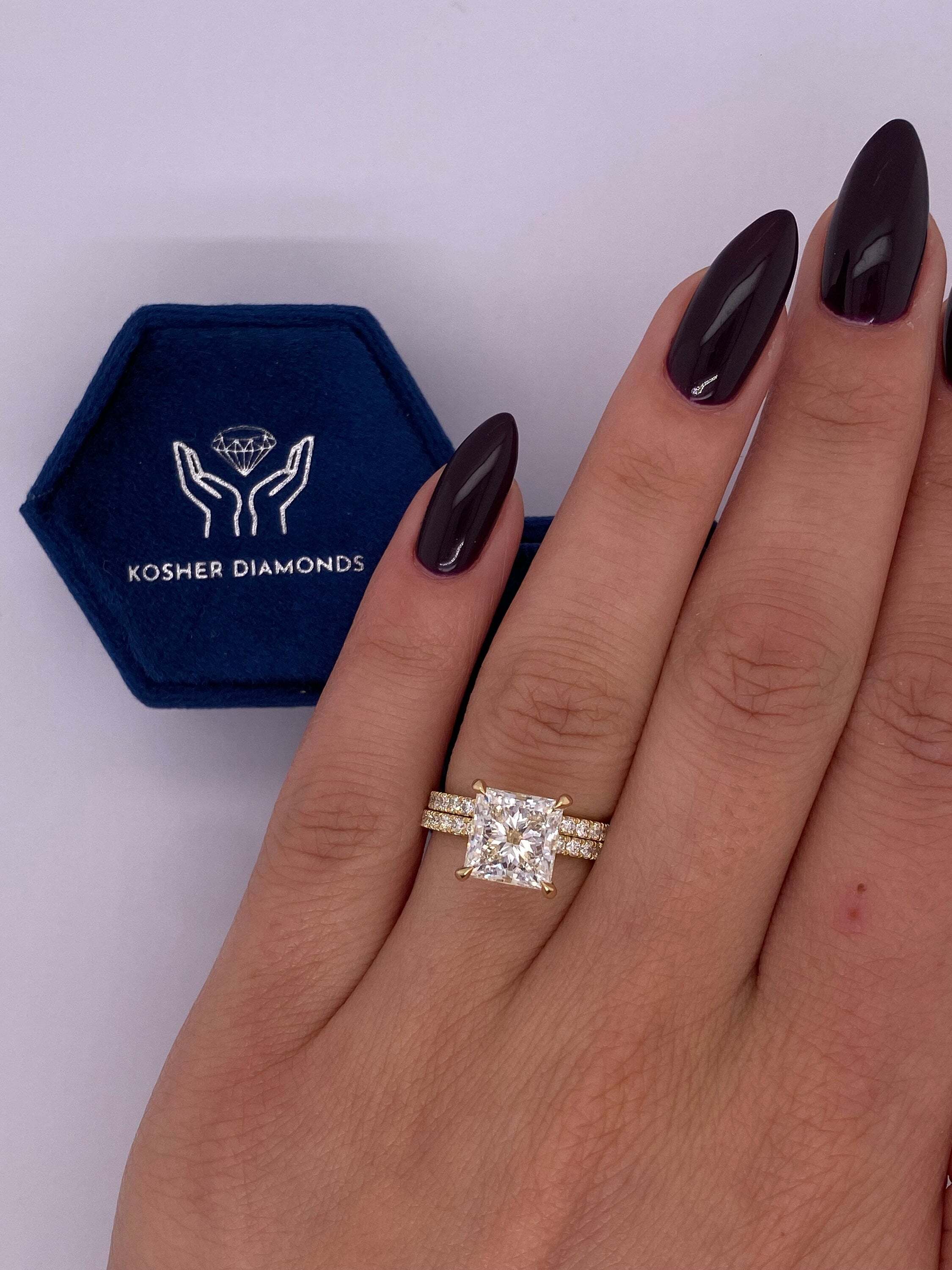 3.5 Carat Princess Cut Diamond Solitaire Hidden Halo Engagement Ring Set & Matching Diamond Band