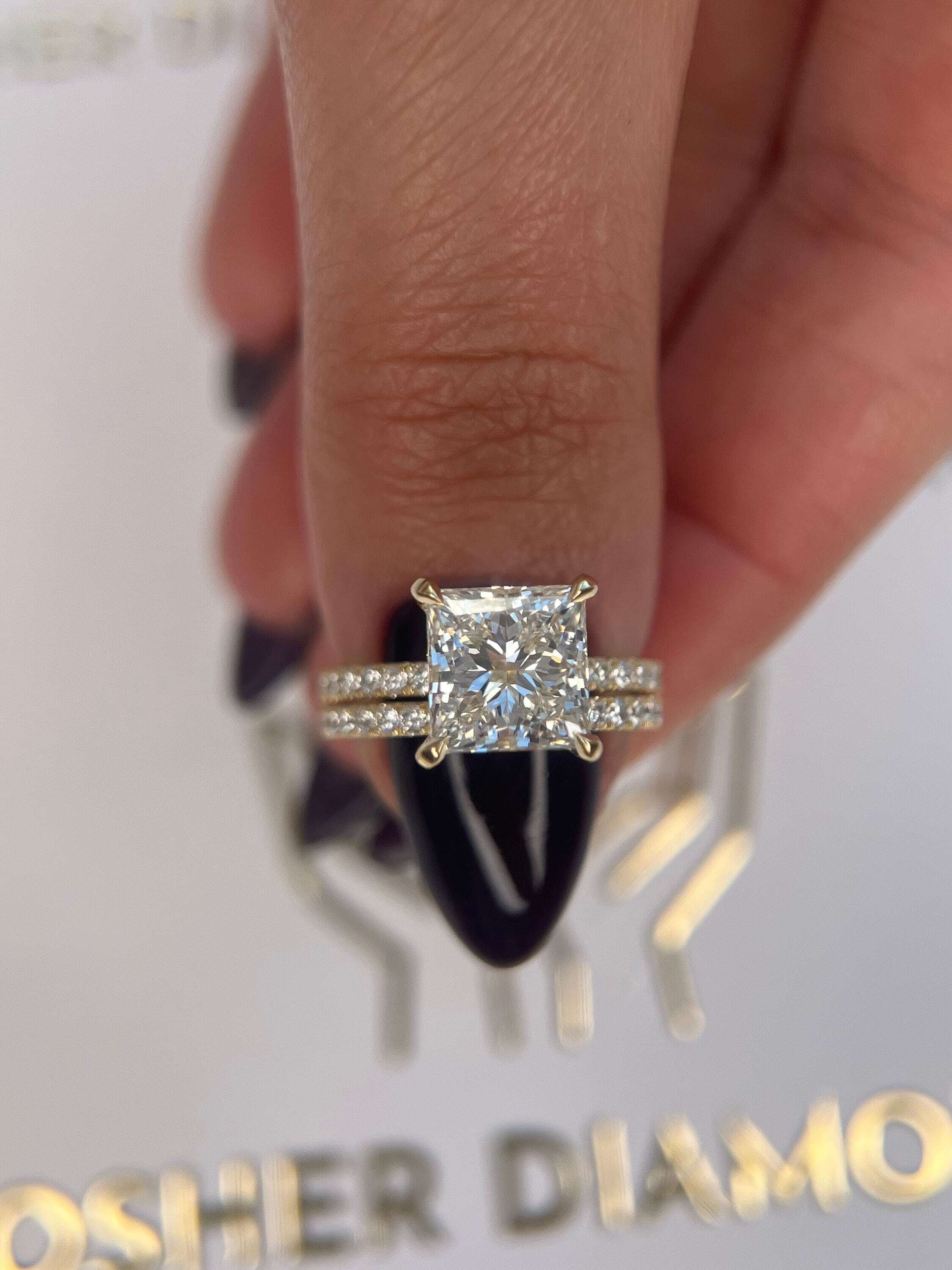 3.5 Carat Princess Cut Diamond Solitaire Hidden Halo Engagement Ring Set & Matching Diamond Band