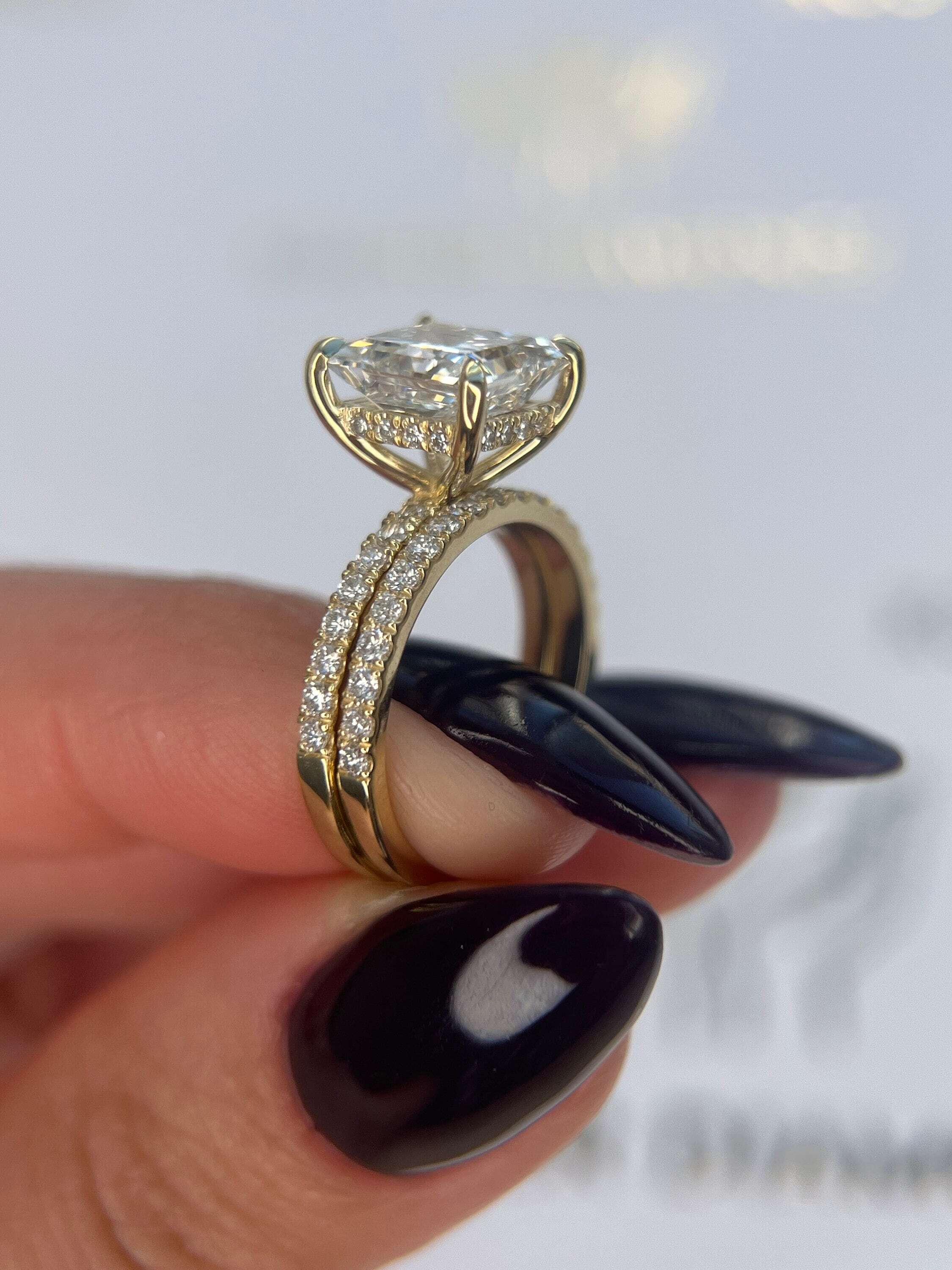 3.5 Carat Princess Cut Diamond Solitaire Hidden Halo Engagement Ring Set & Matching Diamond Band