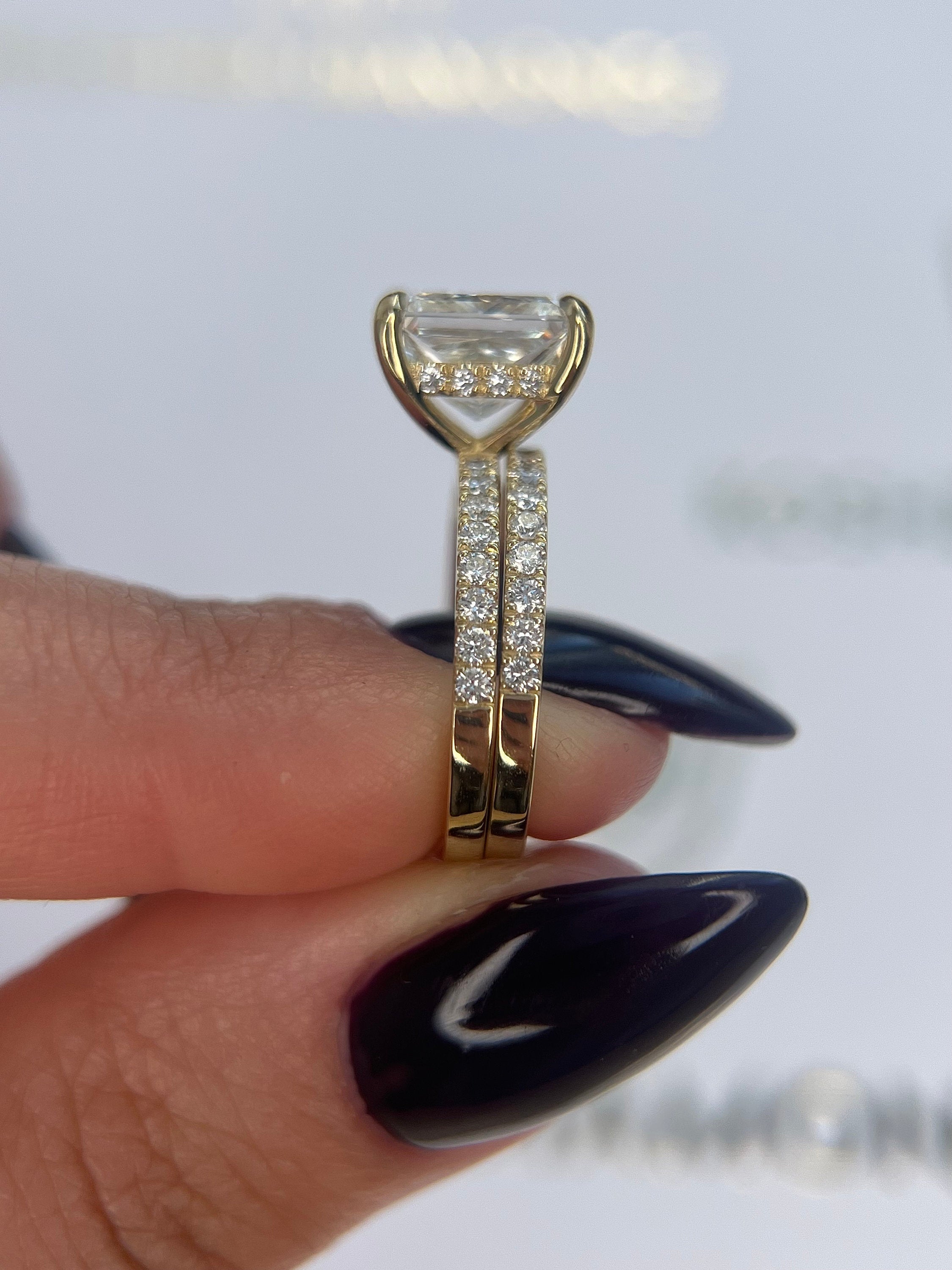 3.5 Carat Princess Cut Diamond Solitaire Hidden Halo Engagement Ring Set & Matching Diamond Band