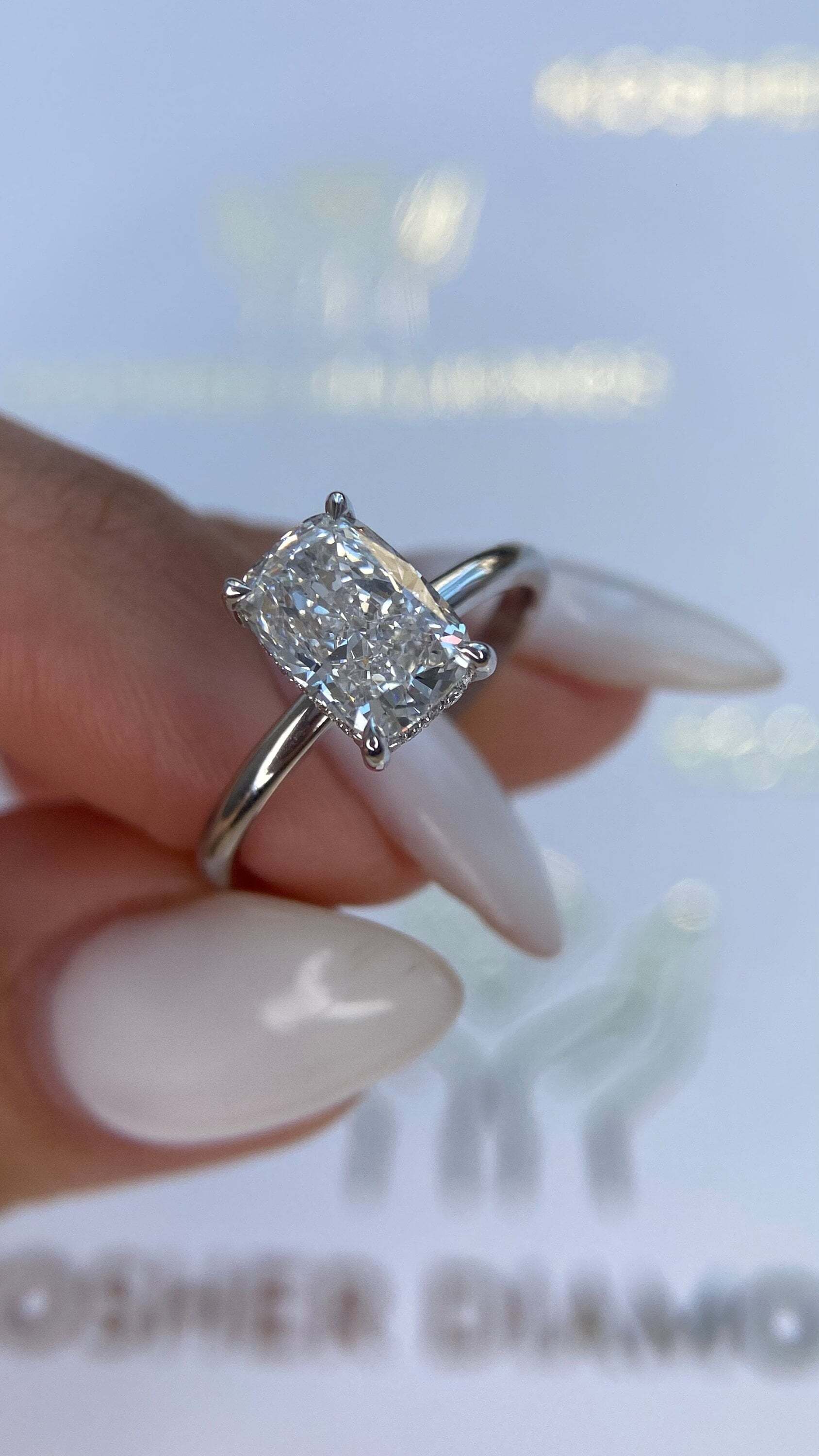 2.1 Carat Elongated Cushion Cut Diamond Solitaire Hidden Halo Engagement Ring