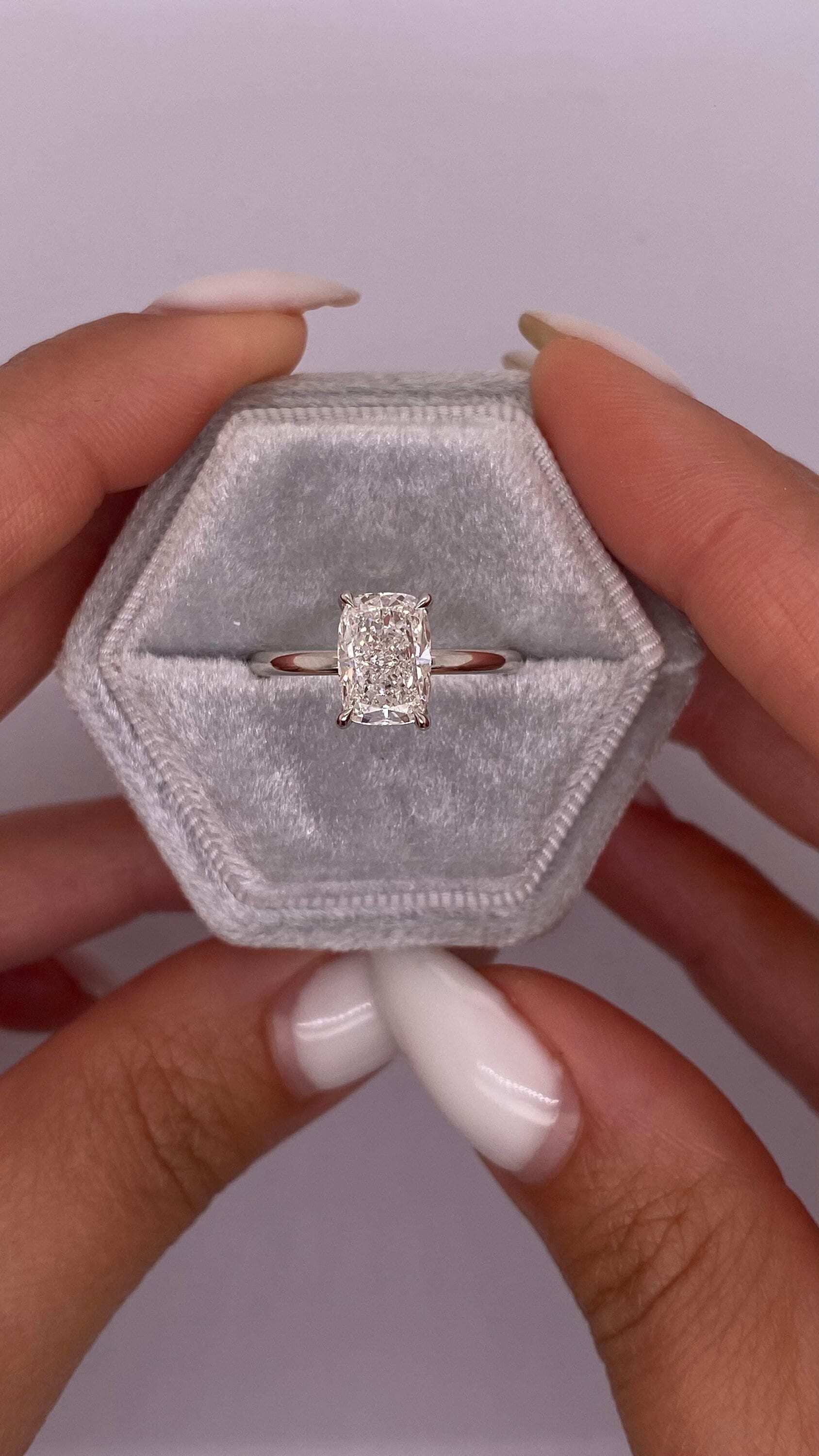 2.1 Carat Elongated Cushion Cut Diamond Solitaire Hidden Halo Engagement Ring