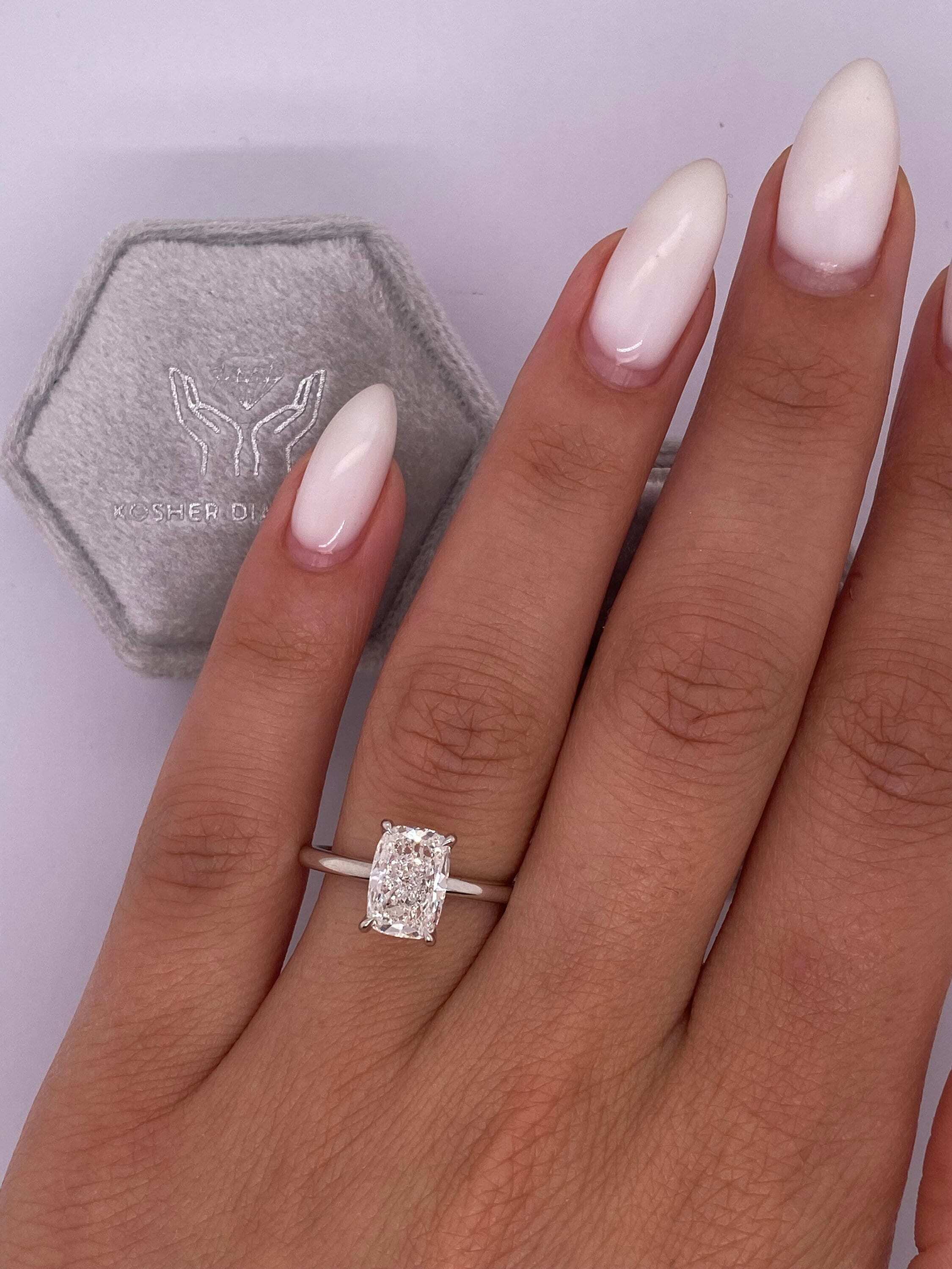 2.1 Carat Elongated Cushion Cut Diamond Solitaire Hidden Halo Engagement Ring