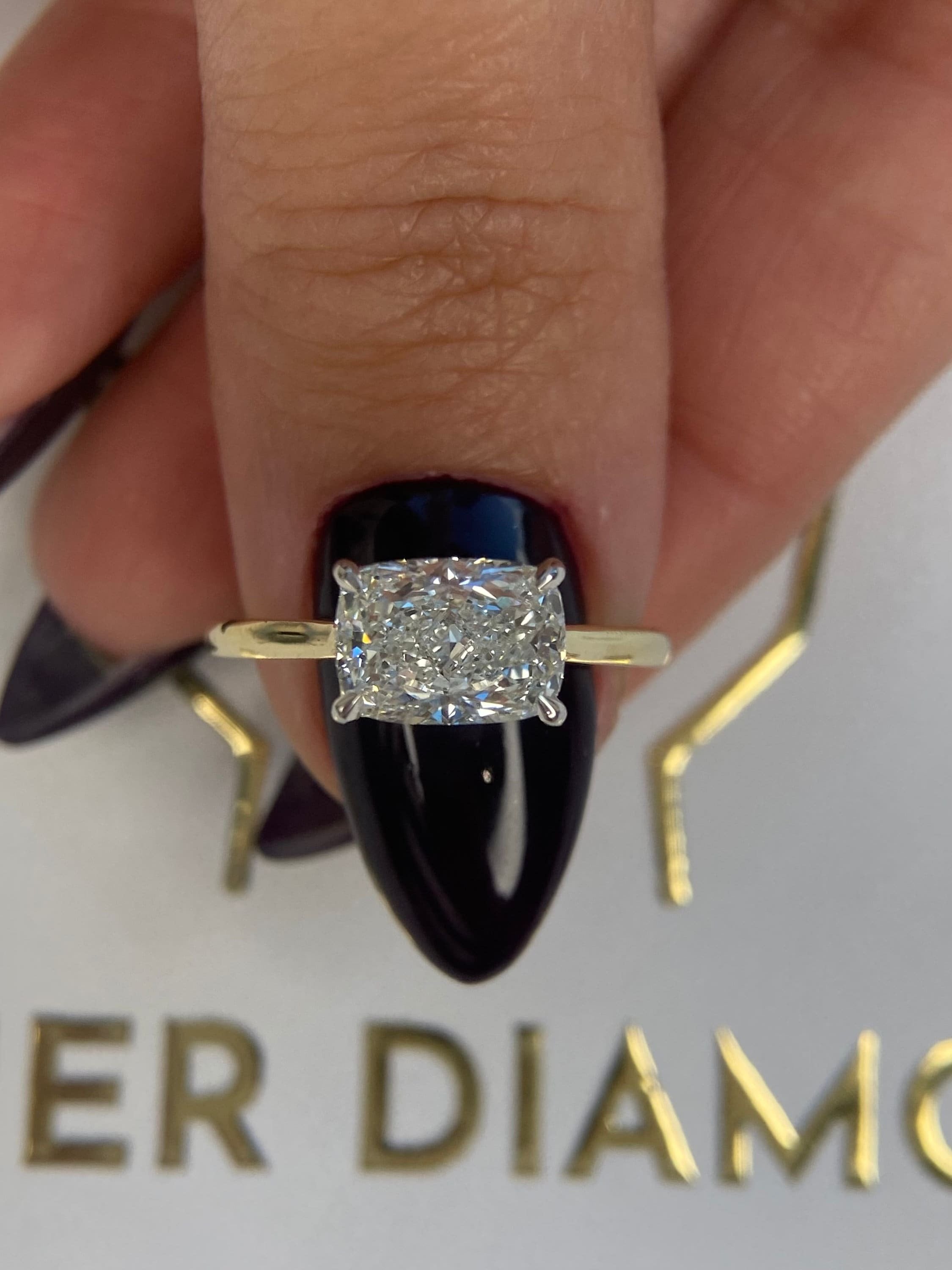 2.5 Carat East West Elongated Cushion Cut Diamond Solitaire Cathedral Set Two Tone Engagement Ring