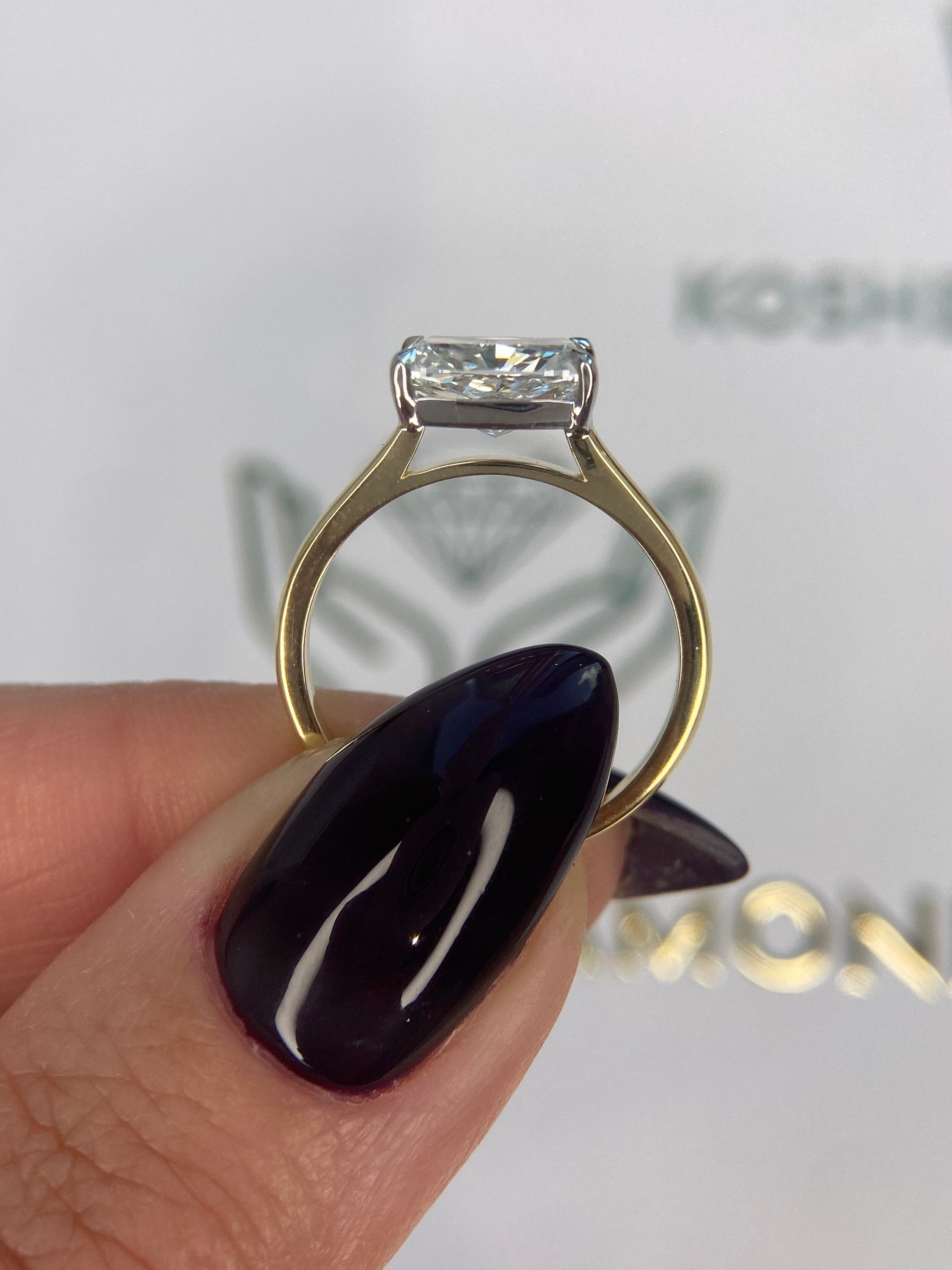 2.5 Carat East West Elongated Cushion Cut Diamond Solitaire Cathedral Set Two Tone Engagement Ring