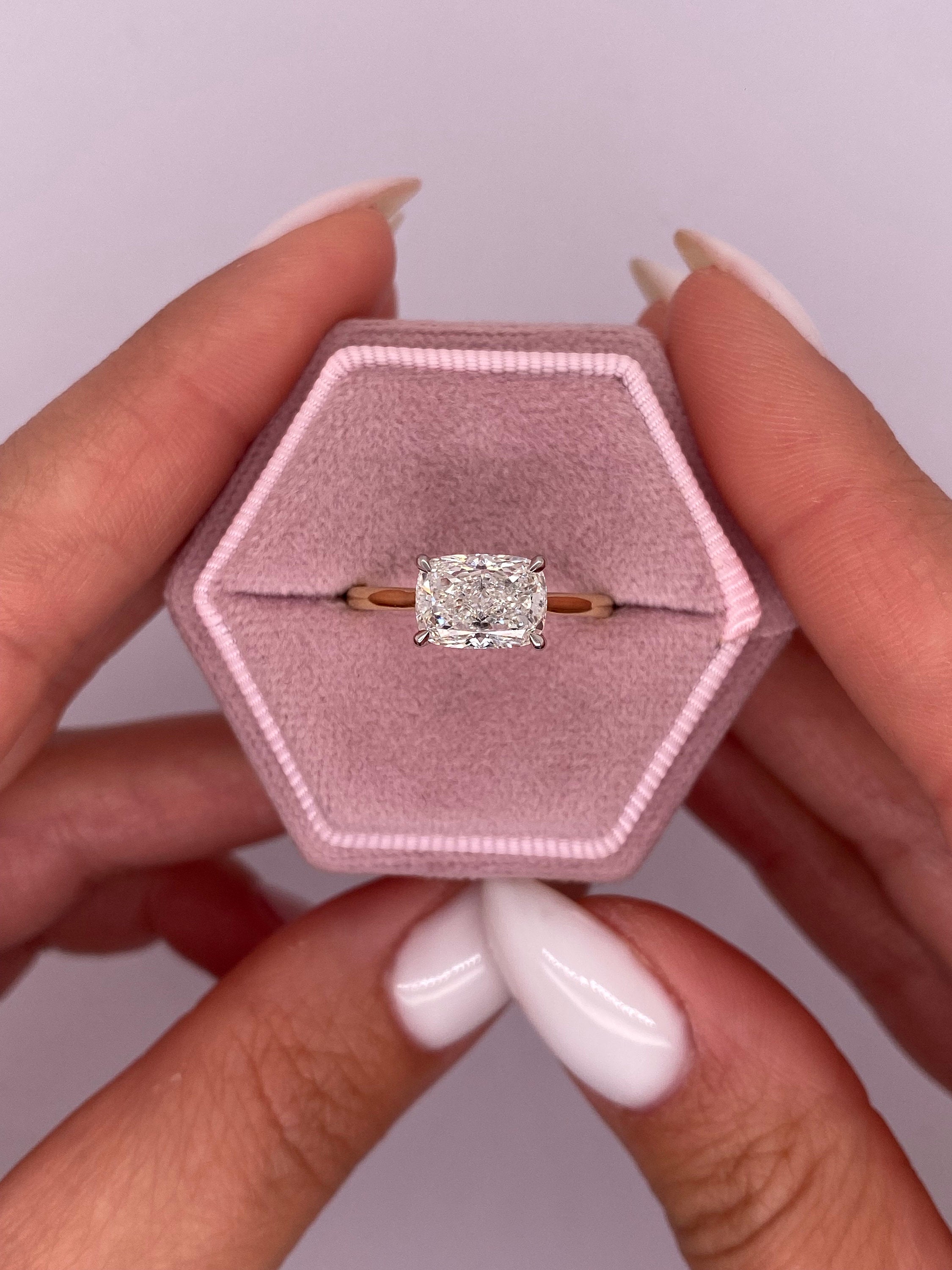 2.5 Carat East West Elongated Cushion Cut Diamond Solitaire Cathedral Set Two Tone Engagement Ring