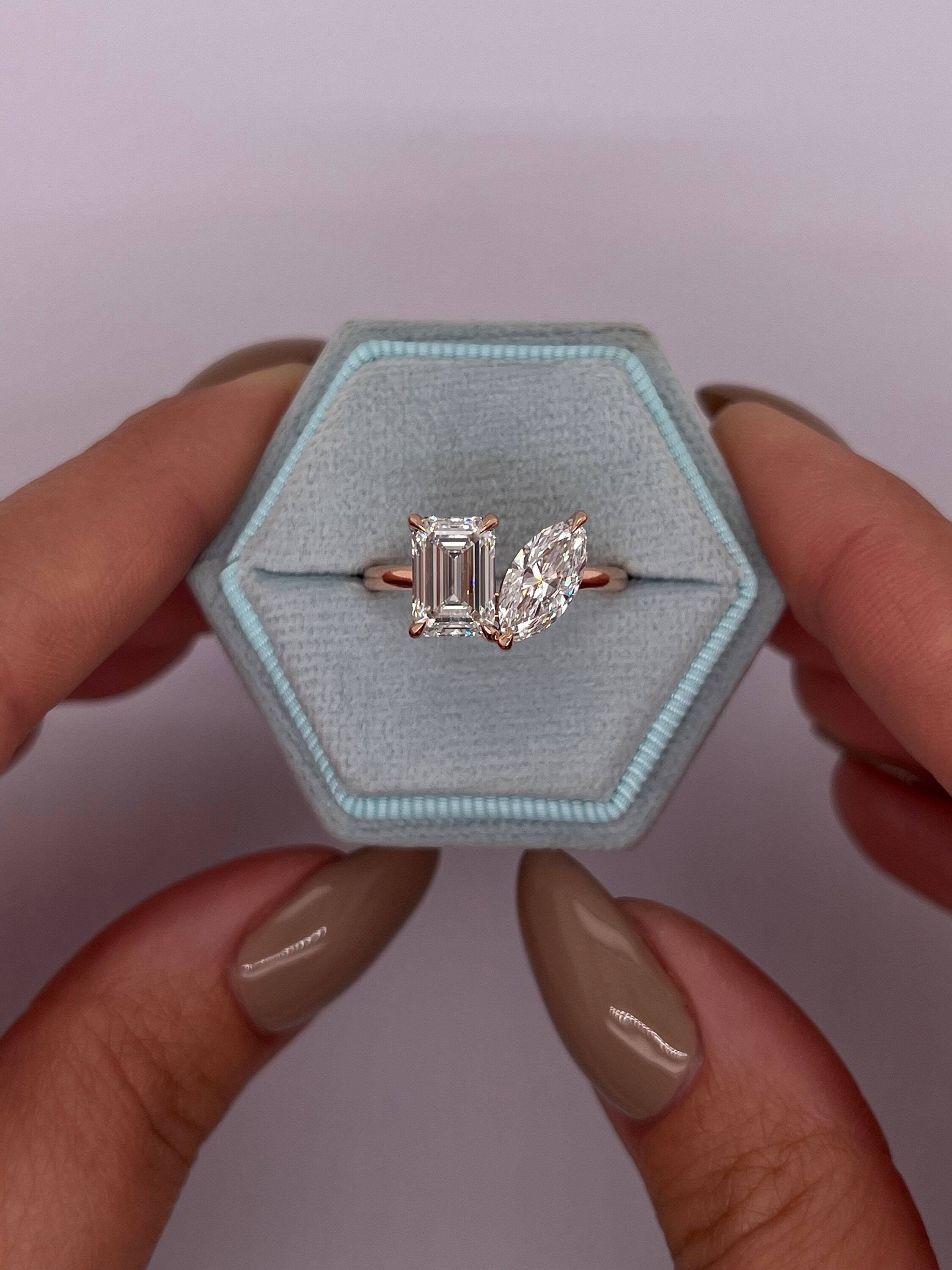 Toi et Moi, You & Me Ring 4.5 Carat Marquise + Emerald Cut Two Stone Diamond Engagement Ring