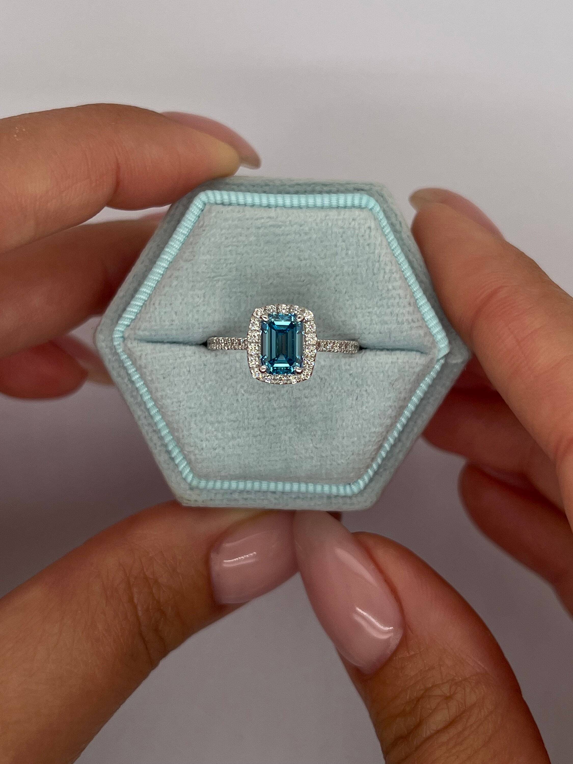 1.25 Carat Fancy Vivid Blue Color Emerald Cut Diamond Halo Engagement Ring