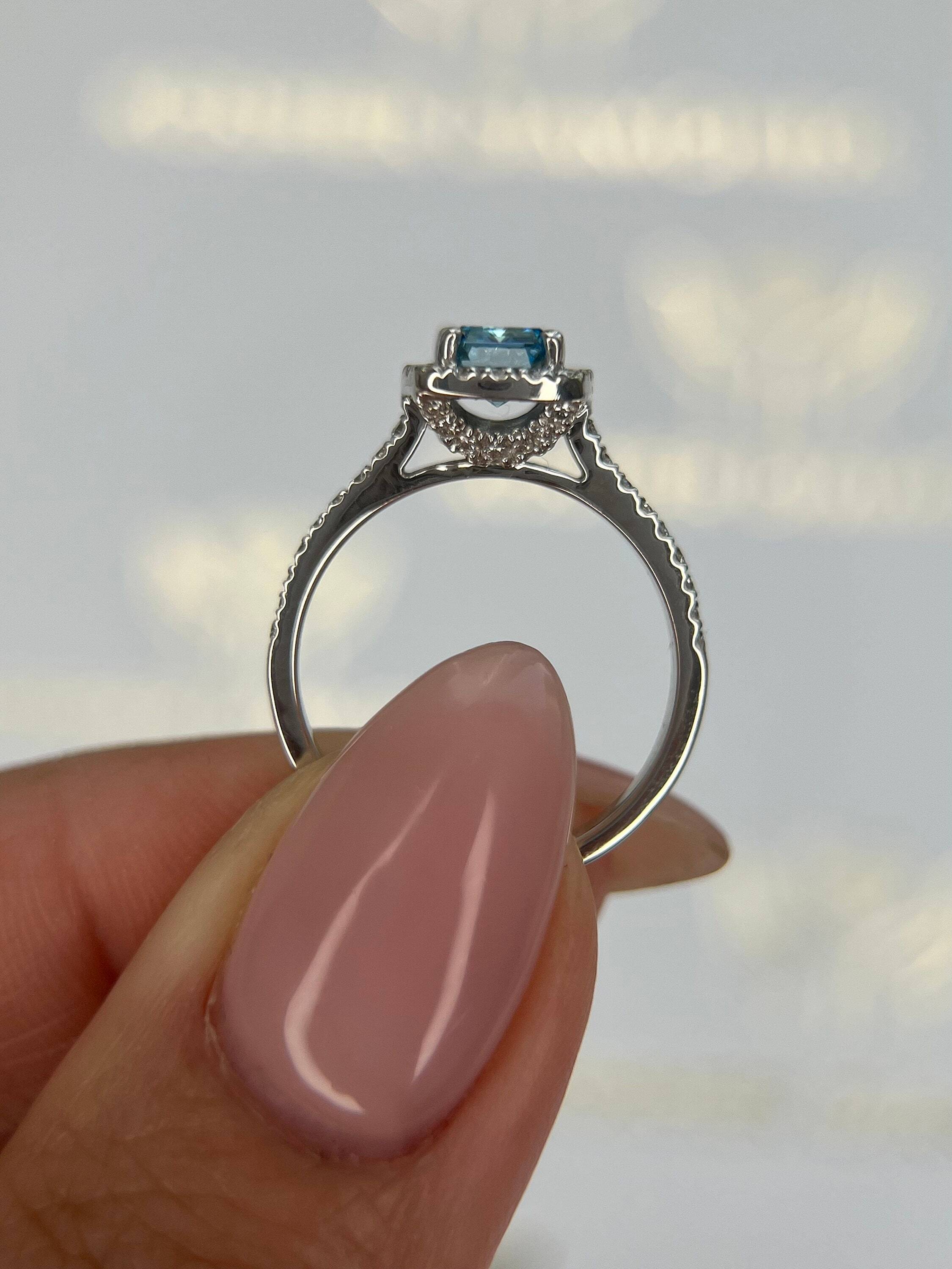 1.25 Carat Fancy Vivid Blue Color Emerald Cut Diamond Halo Engagement Ring