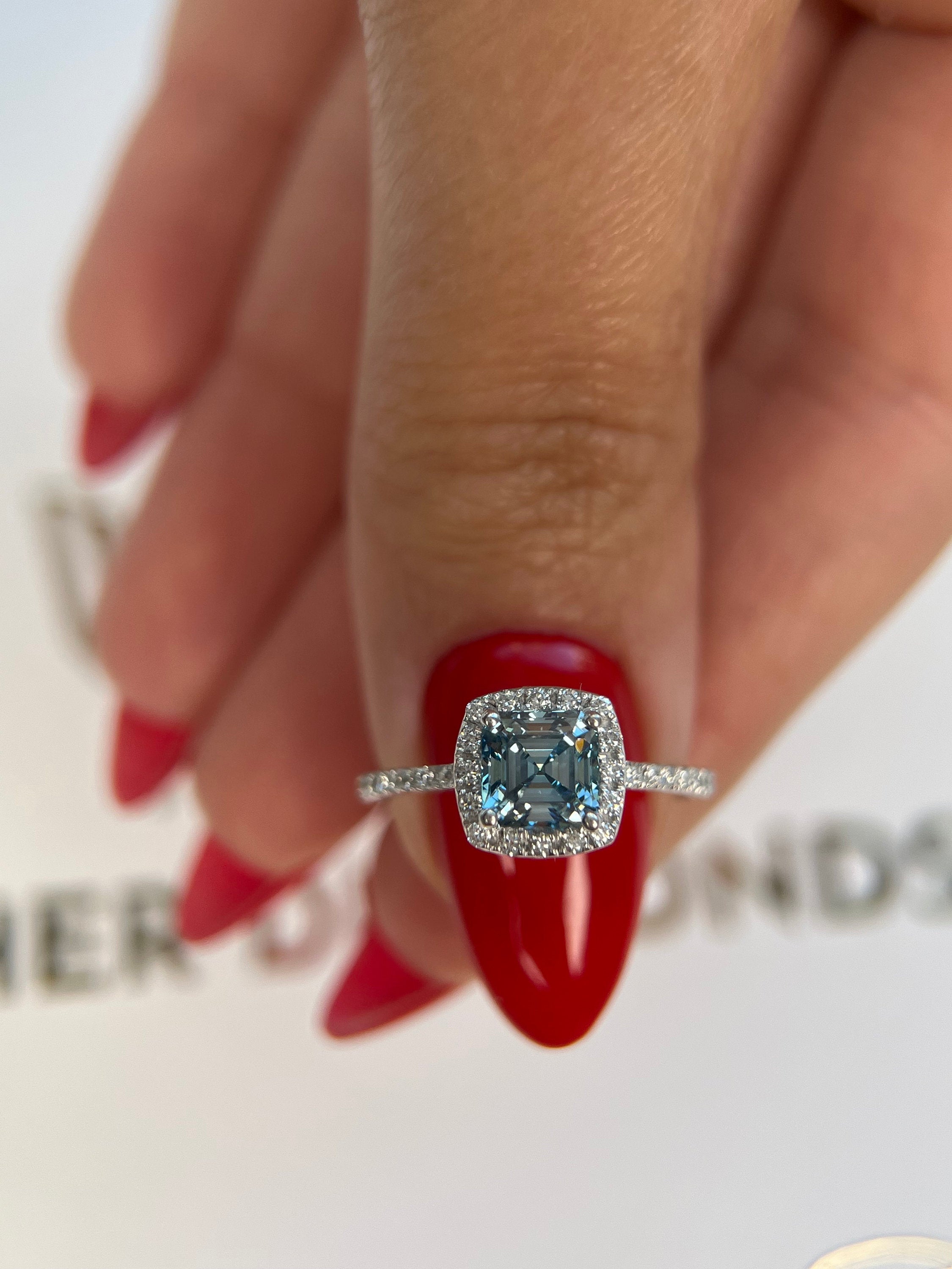 1.25 Carat Fancy Vivid Blue Color Asscher Square Emerald Cut Halo Engagement Ring
