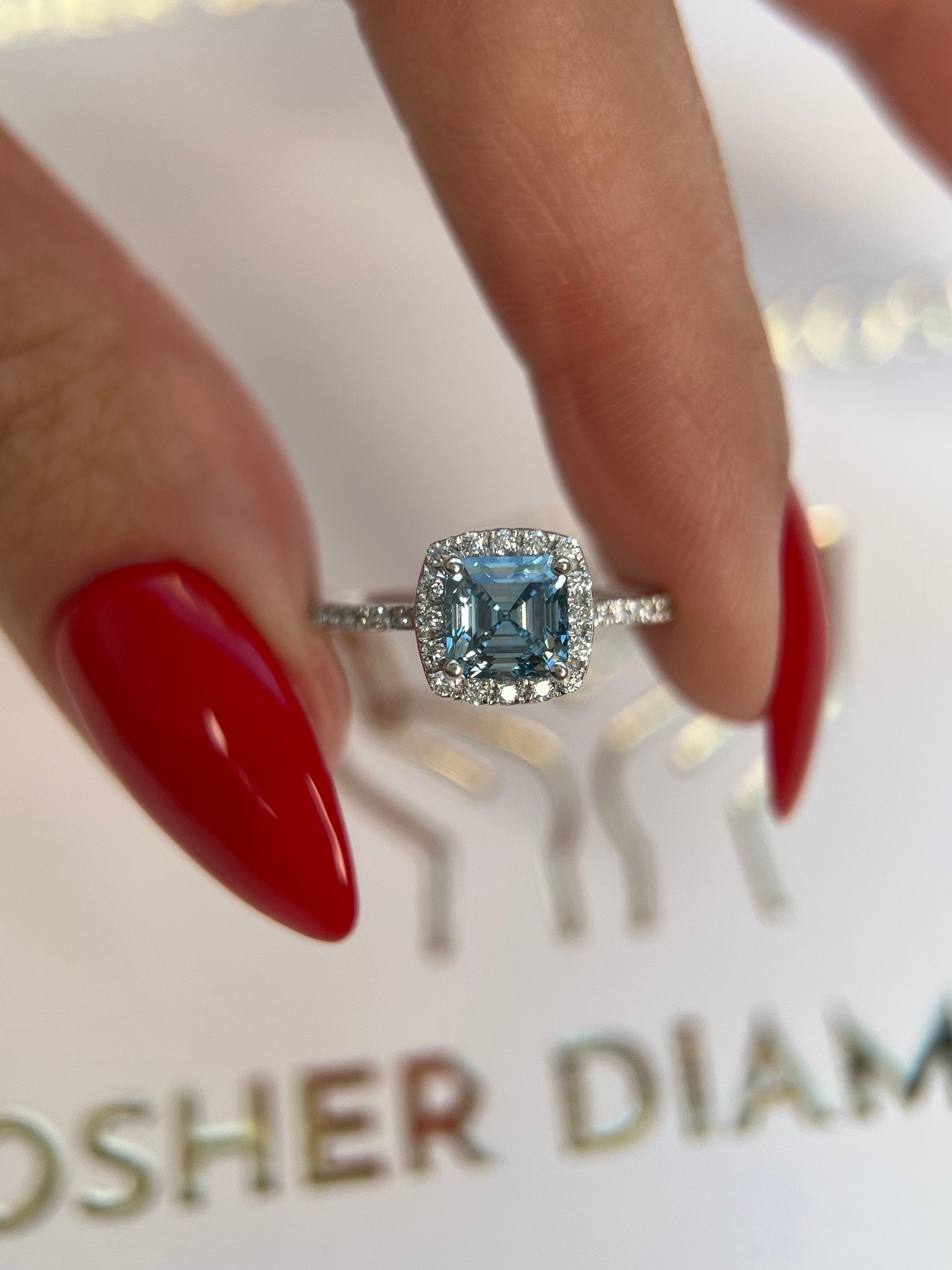 1.25 Carat Fancy Vivid Blue Color Asscher Square Emerald Cut Halo Engagement Ring