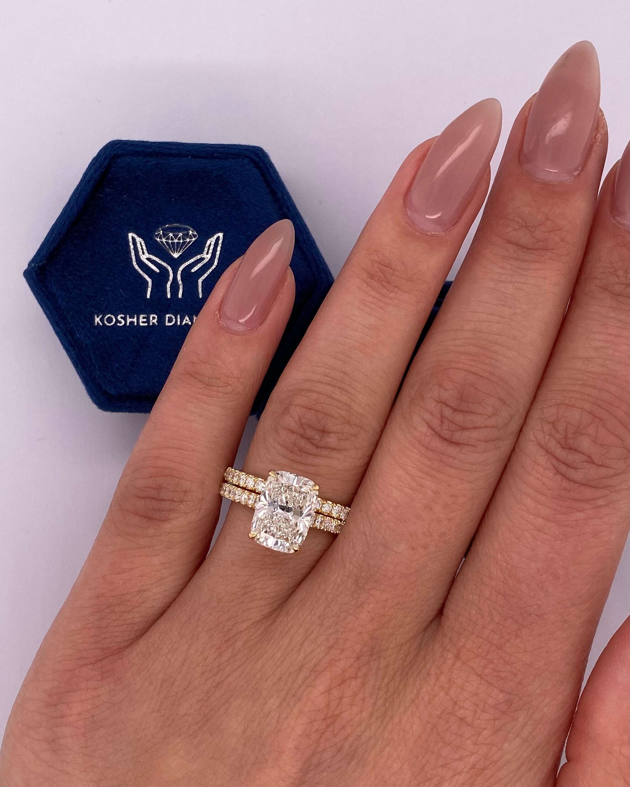 2.5 Carat Elongated Cushion Cut Diamond Hidden Halo Engagement Ring Set, Matching Round Diamond Band
