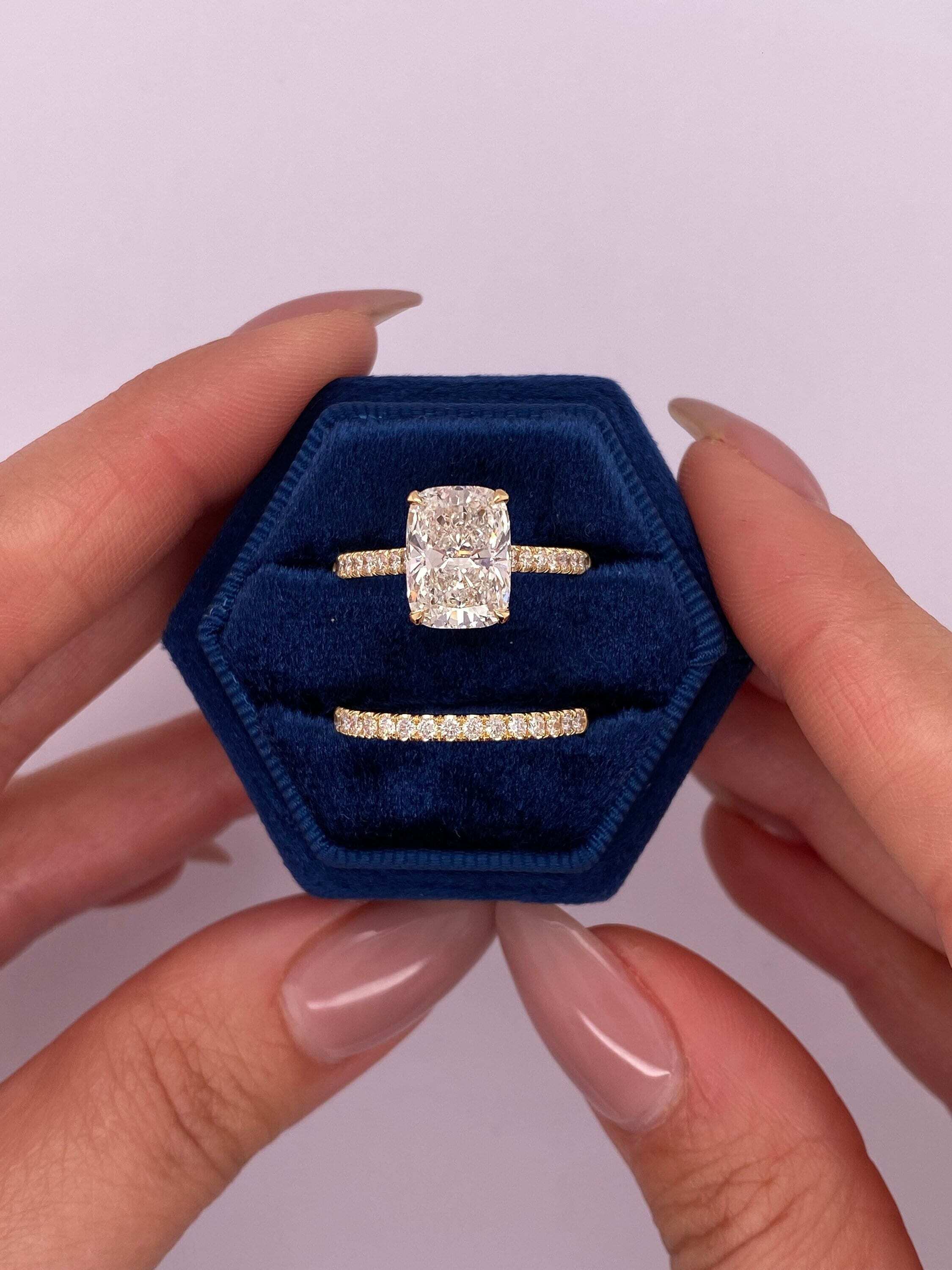 2.5 Carat Elongated Cushion Cut Diamond Hidden Halo Engagement Ring Set, Matching Round Diamond Band