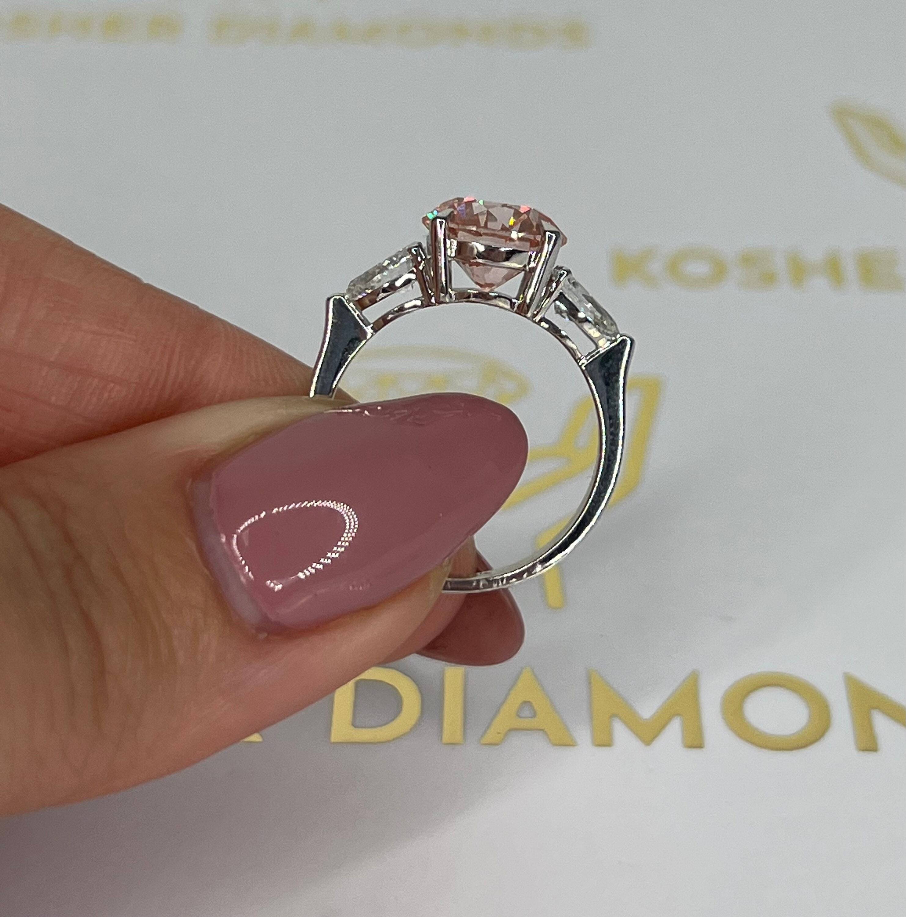 3.75 Carat Fancy Vivid Pink Round Three Stone Diamond Engagement Ring, Pear Side Diamonds