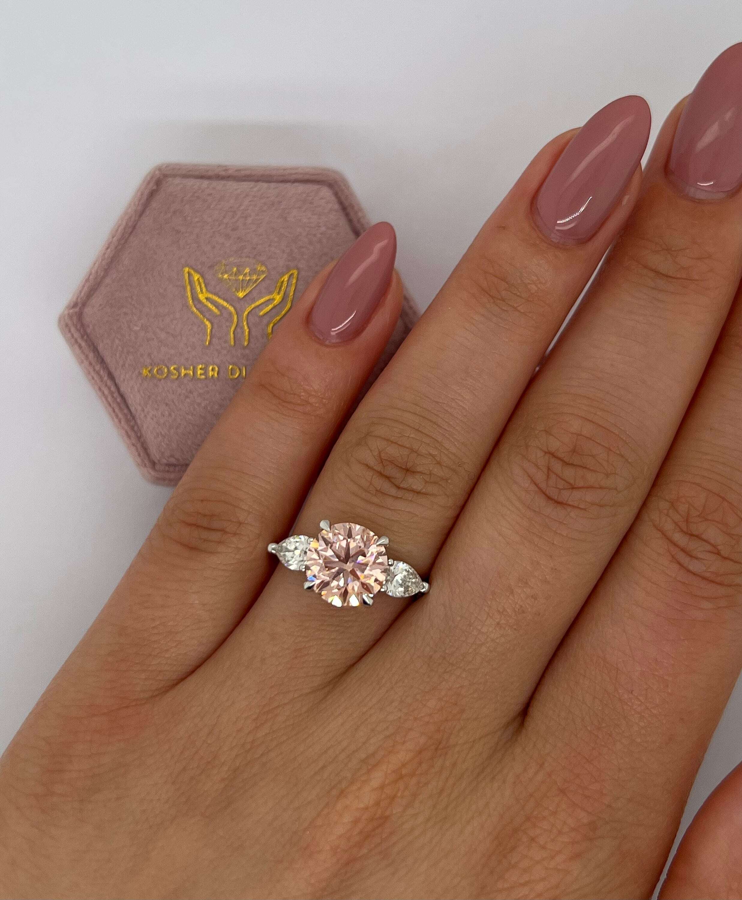 3.75 Carat Fancy Vivid Pink Round Three Stone Diamond Engagement Ring, Pear Side Diamonds