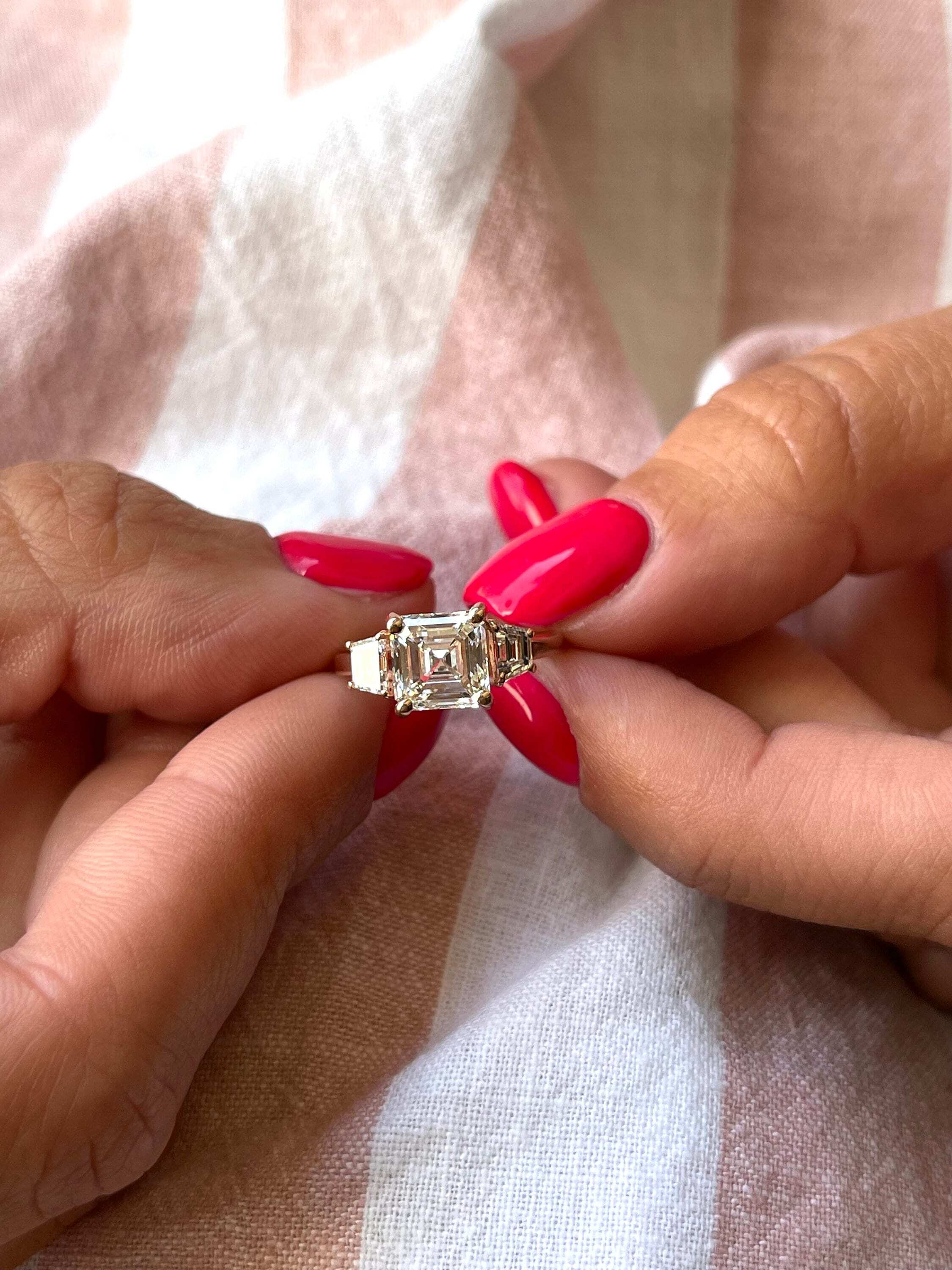 2.5 Carat Asscher Cut Three Stone Diamond Engagement Ring, Side Trapezoid Diamonds