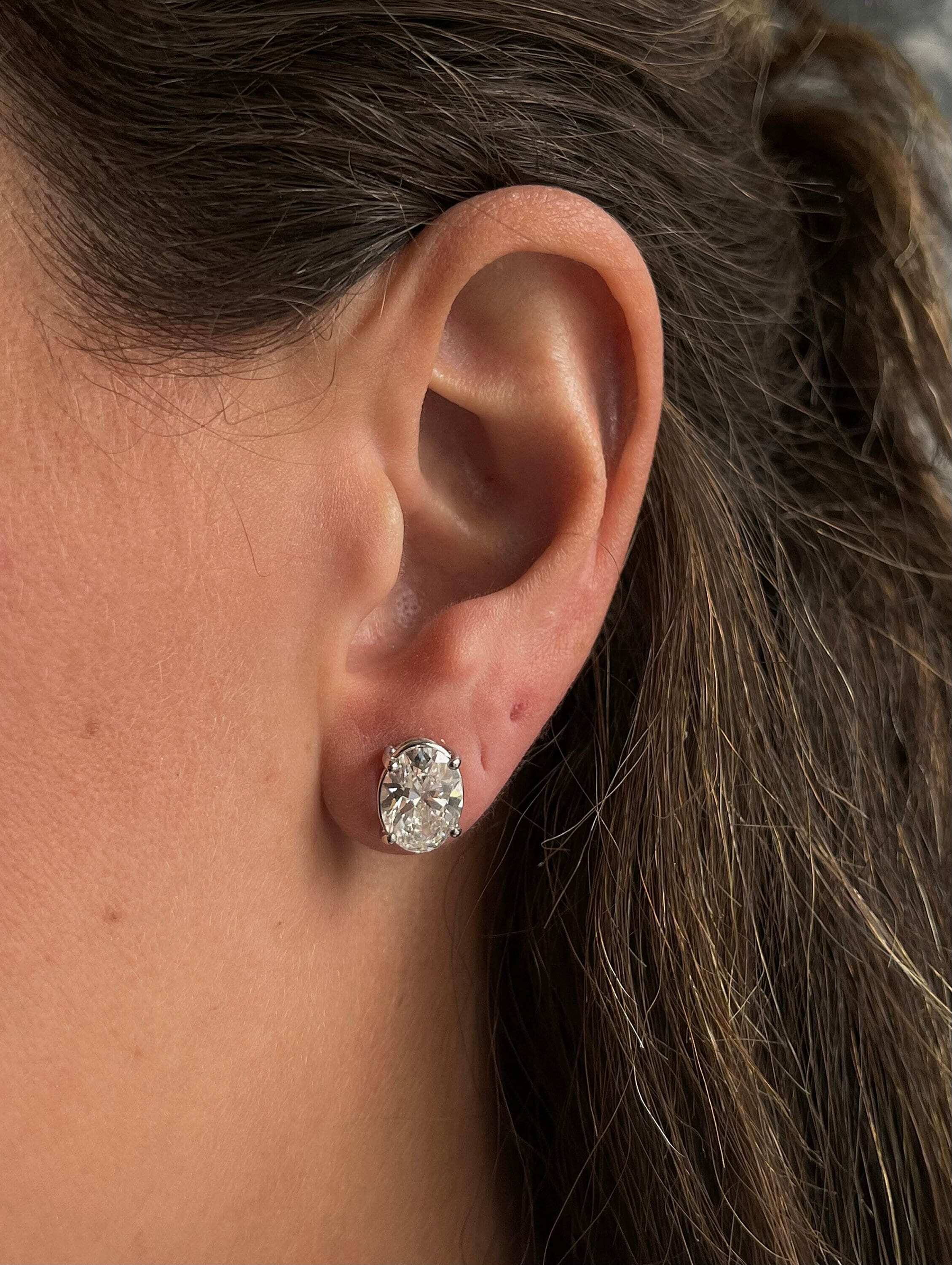 3 Carat Total Oval Cut Diamond Stud Pushback Earrings, Perfect Matching Diamonds