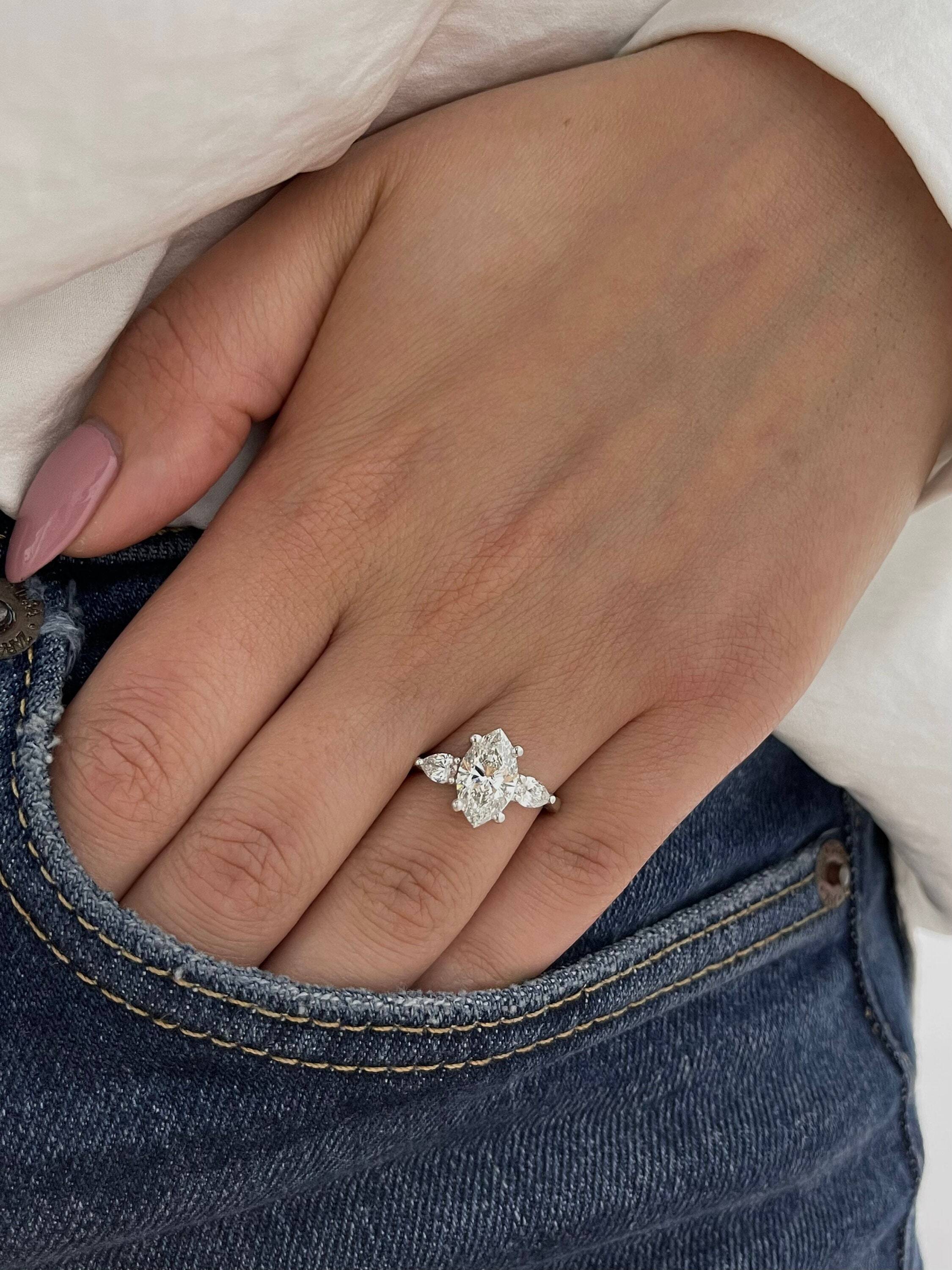 2.5 Carat Total Marquise Cut Three Stone Diamond Engagement Ring, Side Pear Diamonds