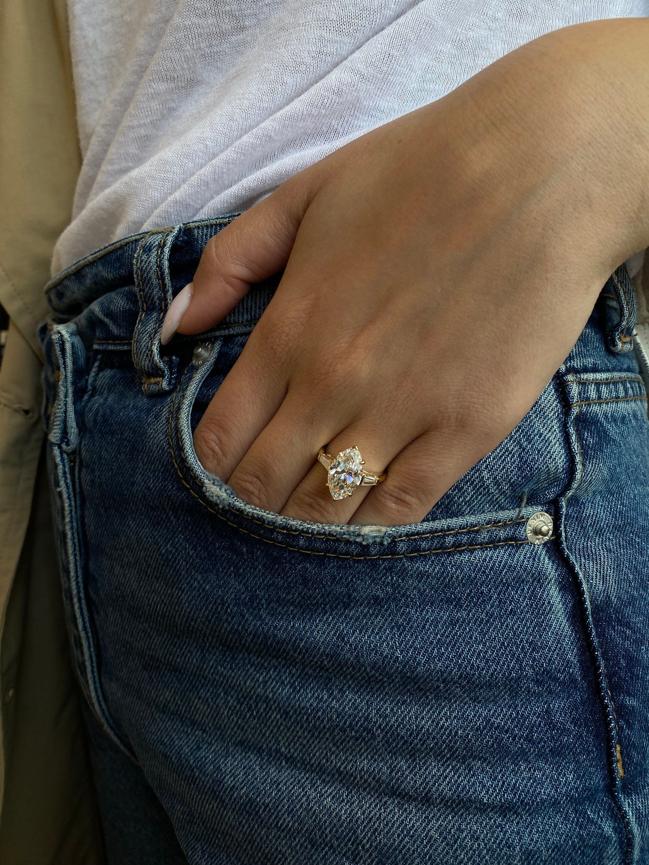 4.5 Carat Marquise Cut Three Stone Diamond Engagement Ring, Side Baguettes