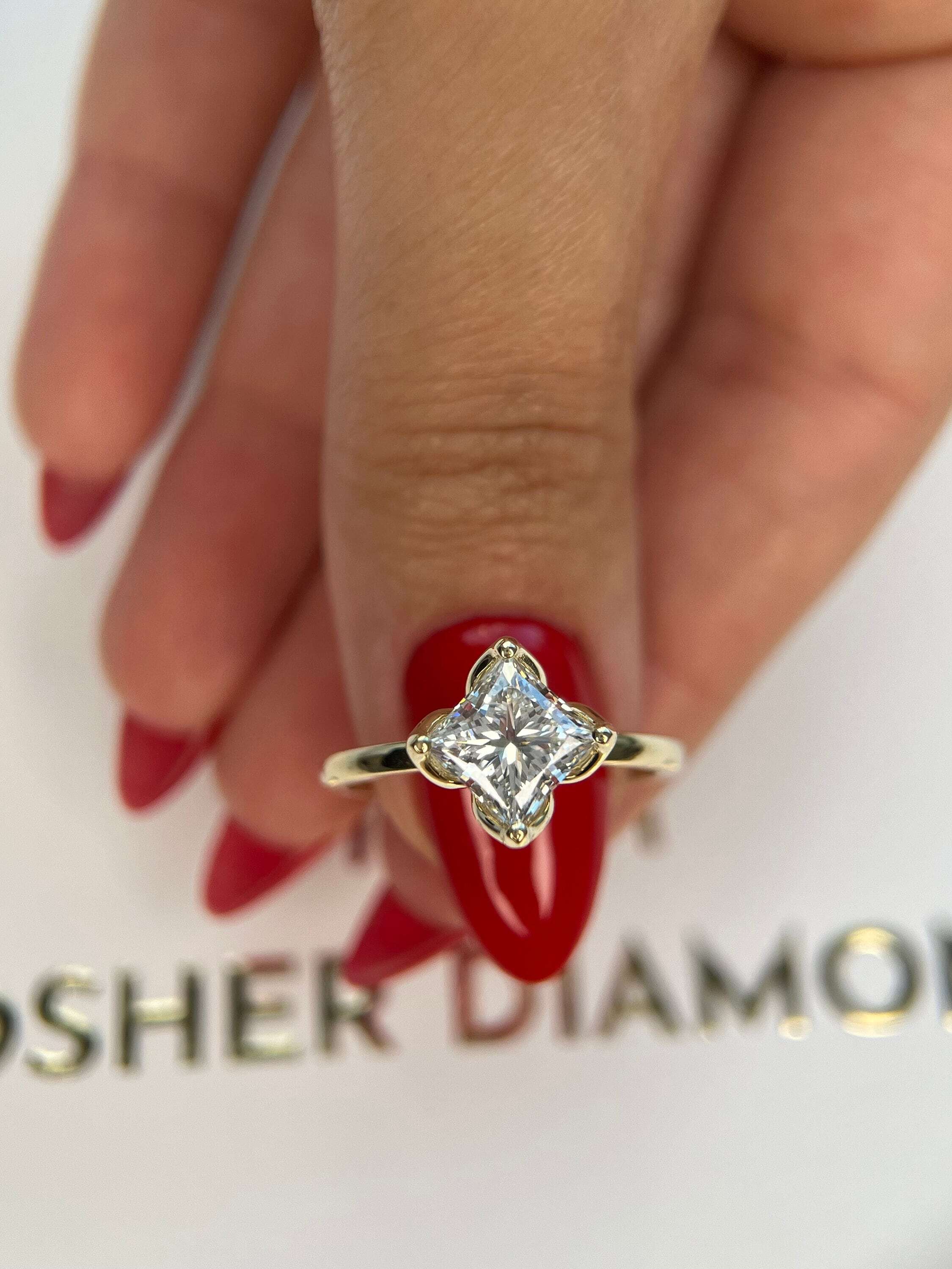 Tulip Solitaire 3 Carat Princess Cut Diamond Engagement Ring "North-South" Set