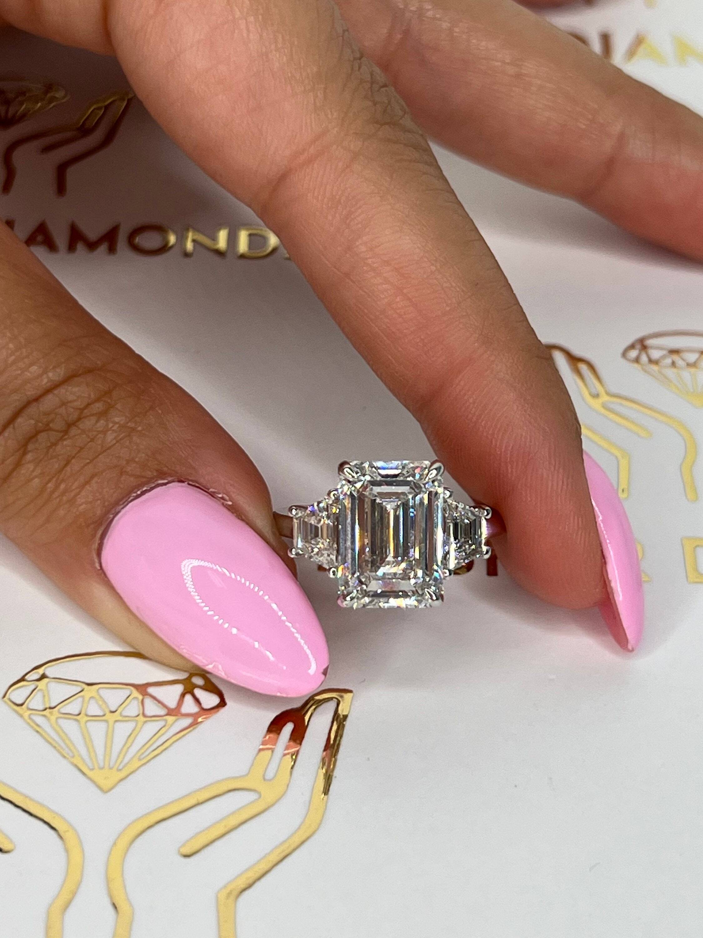 6 Carat Three Stone Emerald Cut Diamond Engagement Ring Side Trapezoids