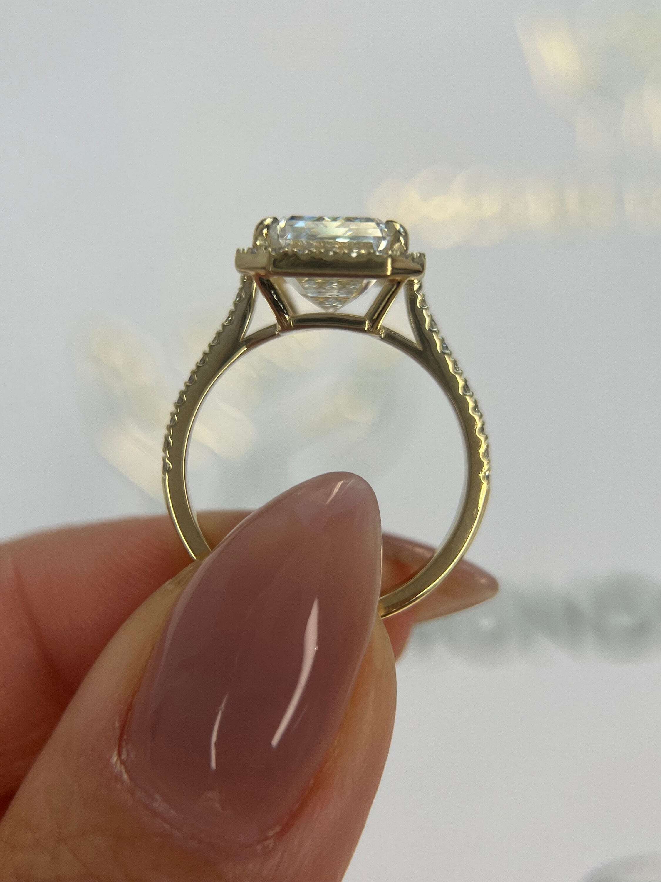 6.5 Carat Emerald Cut Diamond Halo Engagement Ring, Side Round Diamonds