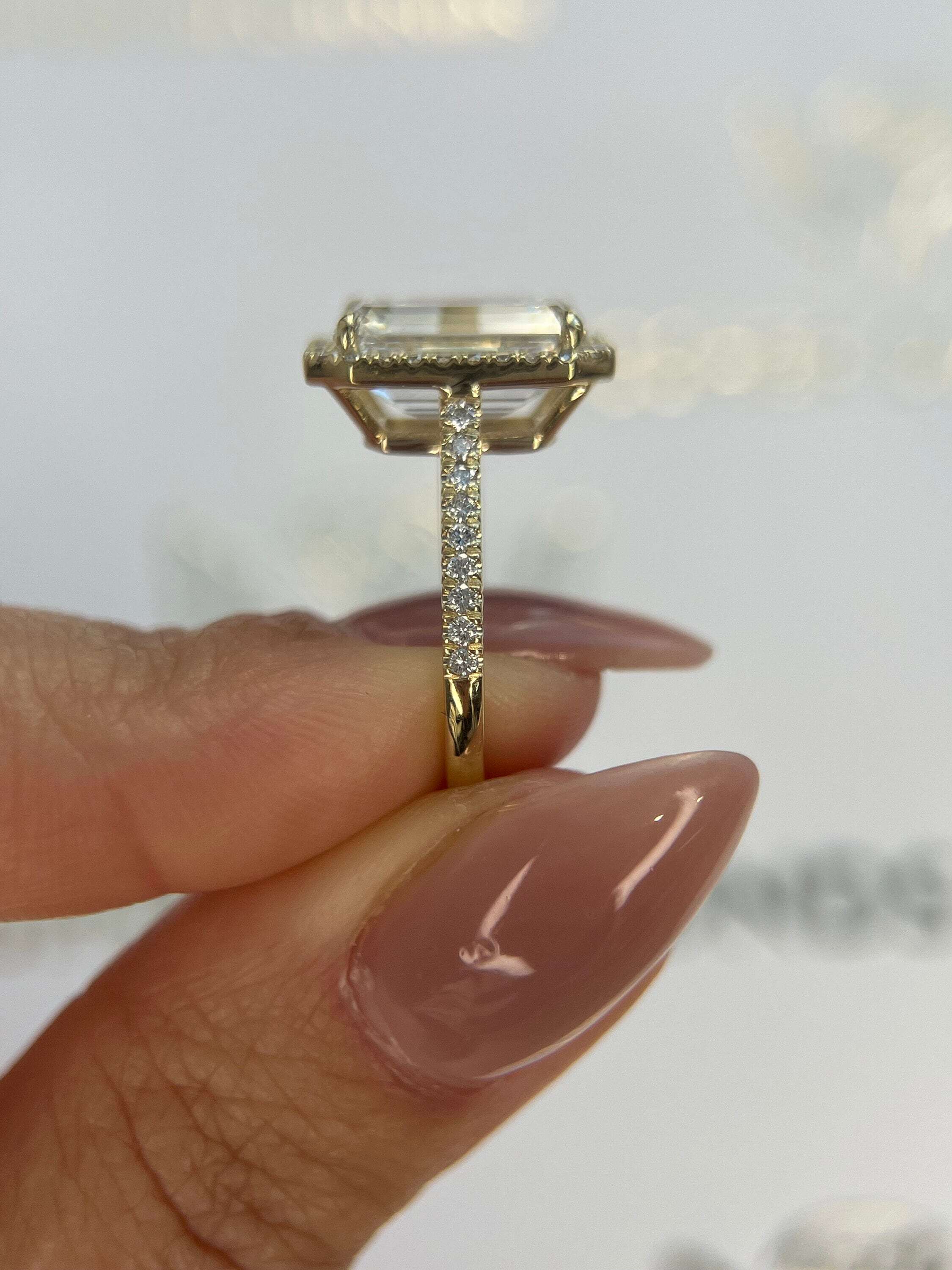 6.5 Carat Emerald Cut Diamond Halo Engagement Ring, Side Round Diamonds