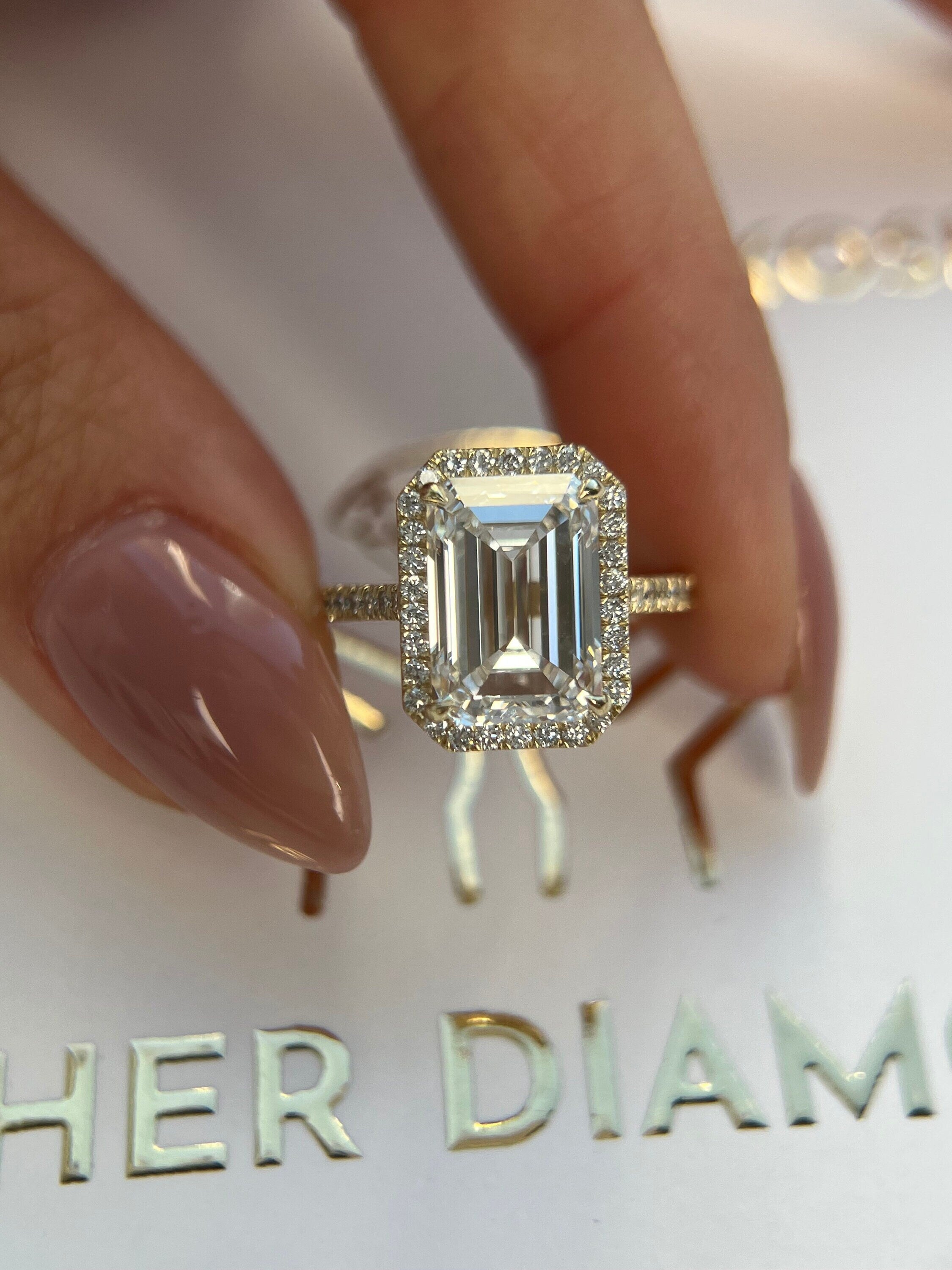6.5 Carat Emerald Cut Diamond Halo Engagement Ring, Side Round Diamonds