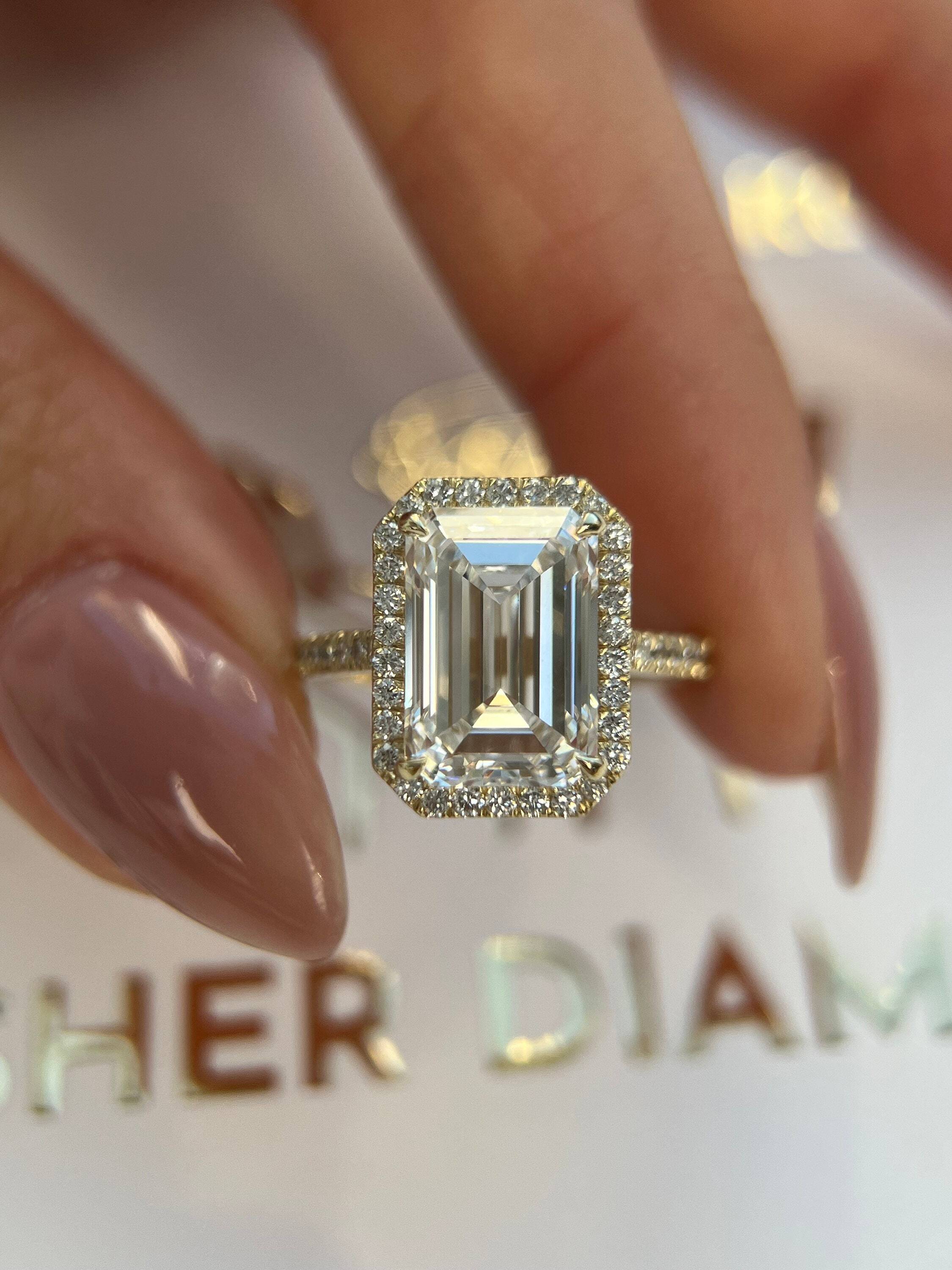 6.5 Carat Emerald Cut Diamond Halo Engagement Ring, Side Round Diamonds