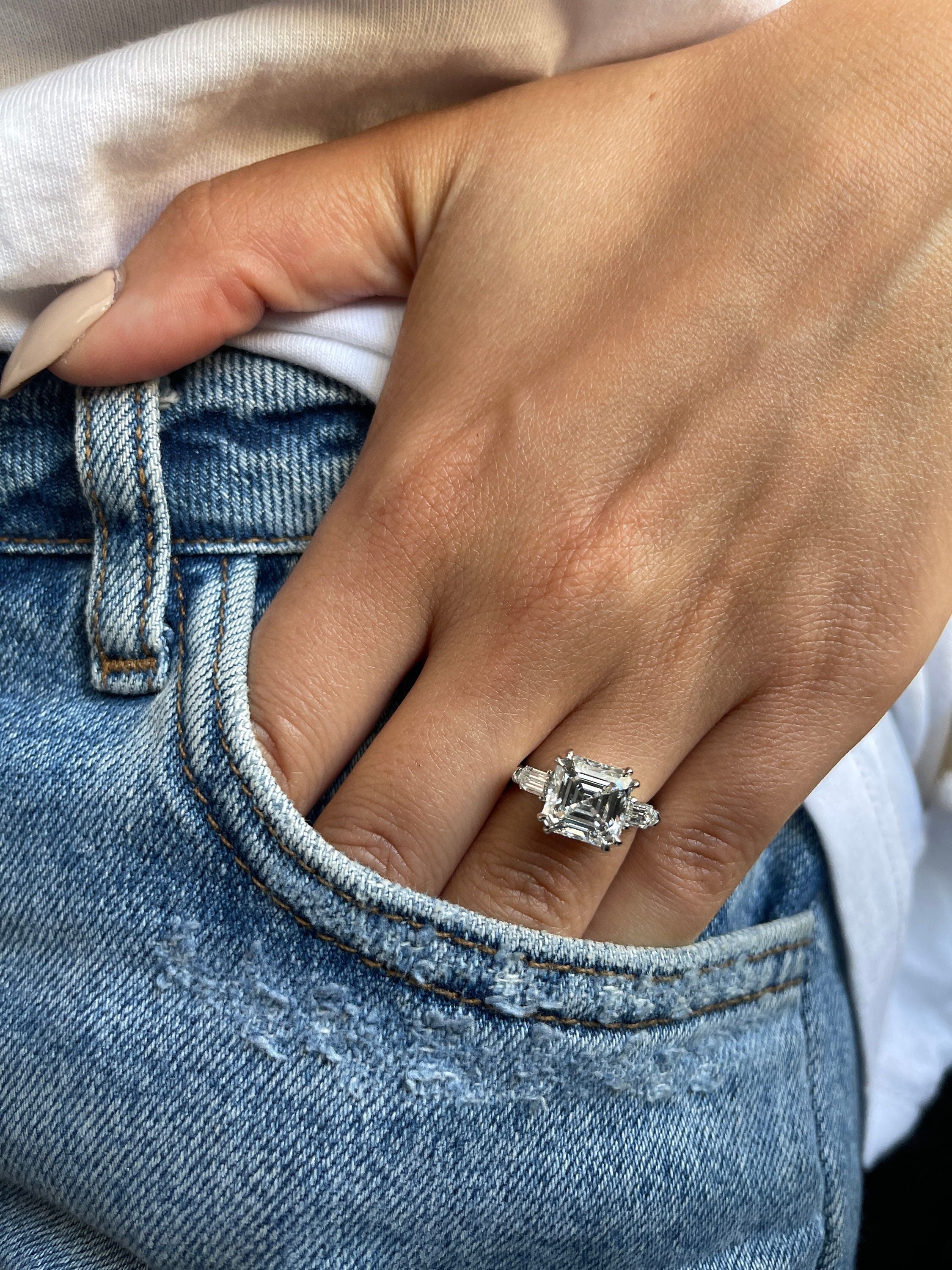 Special Design 4.5 Carat Asscher Cut Three Stone Diamond Engagement Ring, Side Bullet Cut Diamonds