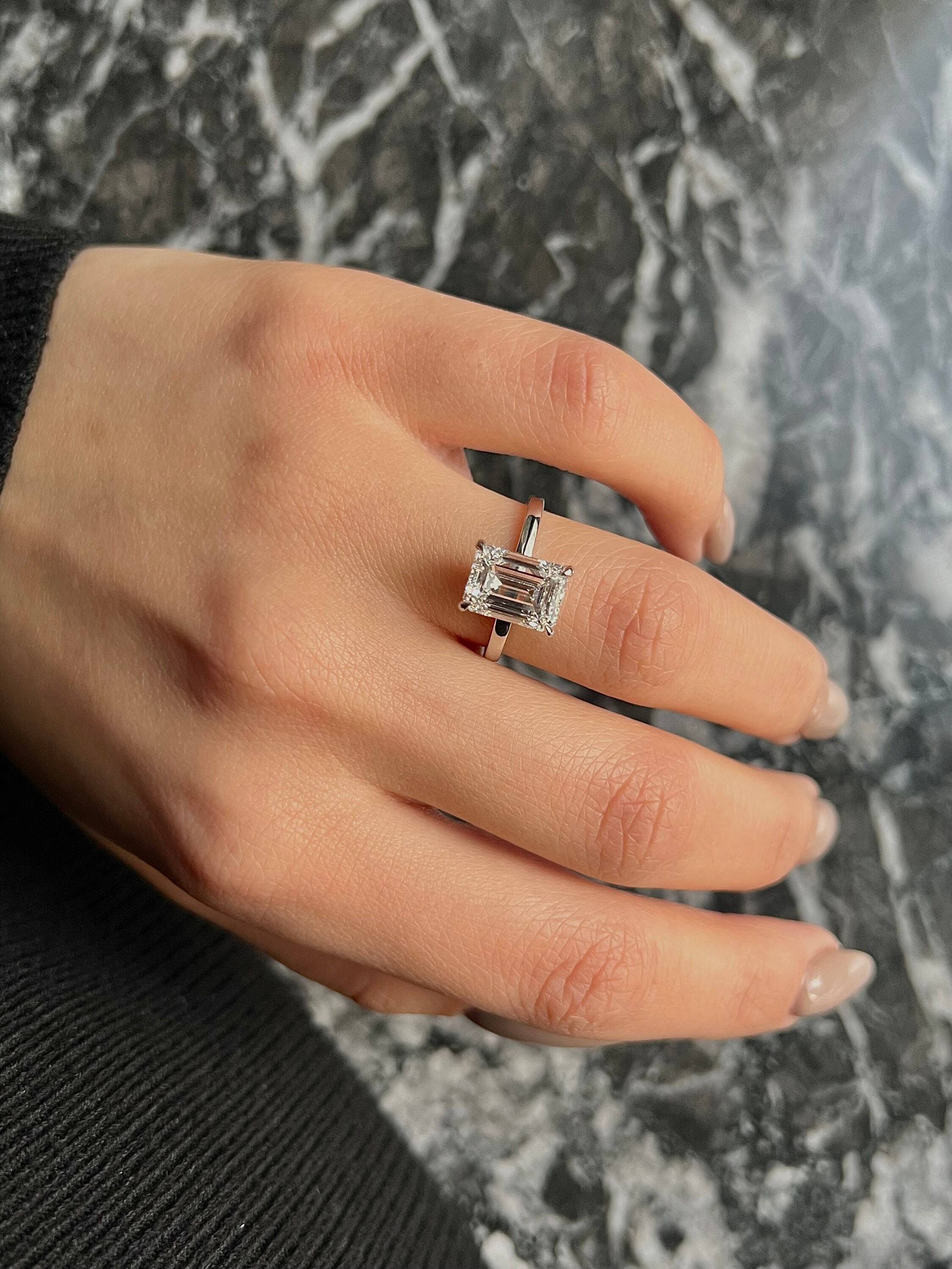 3.1 Carat Emerald Cut Diamond Solitaire Hidden Halo Engagement Ring