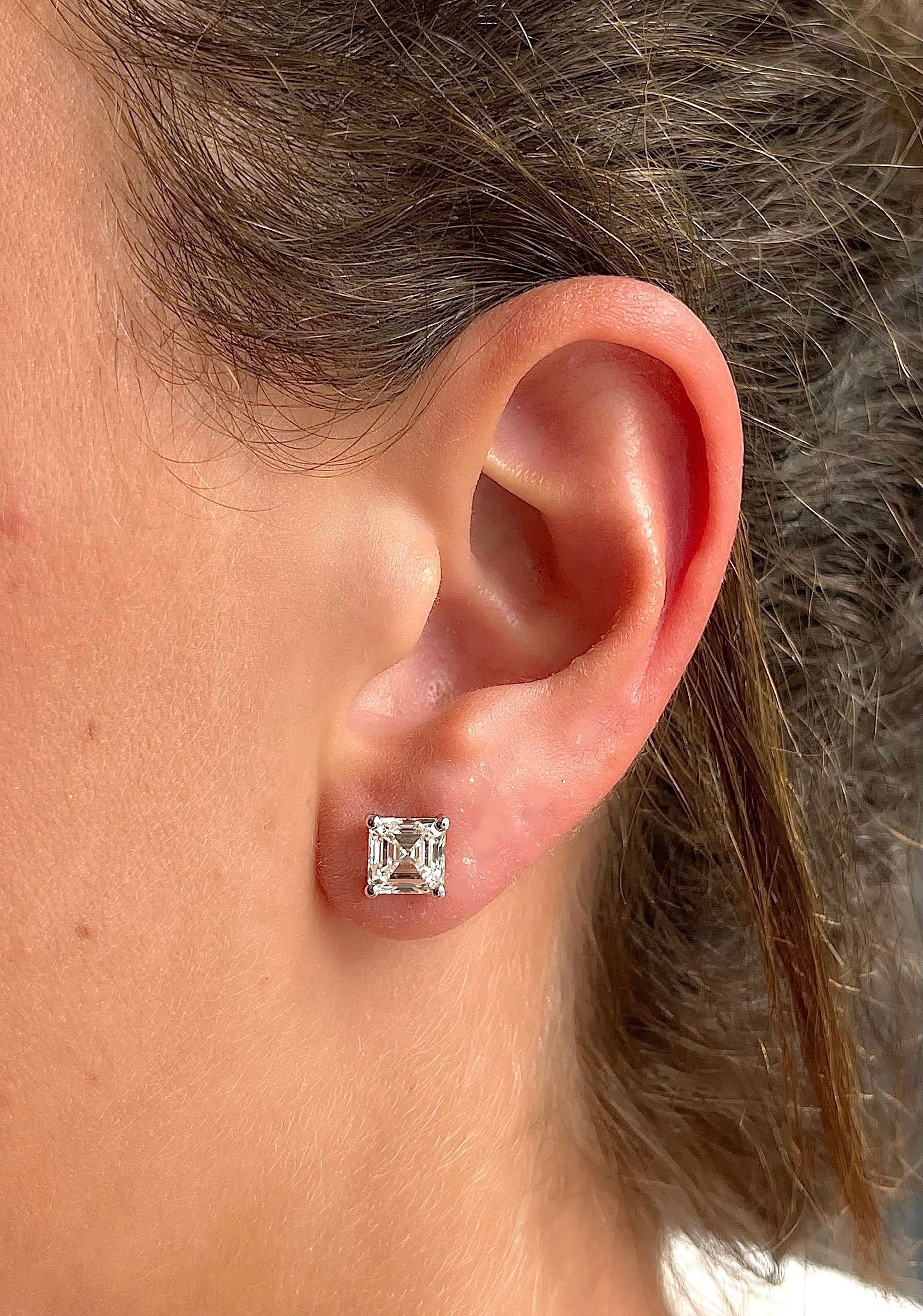 3 Carat Total Weight Asscher Cut Diamond Stud Earrings, Pushback Posts, Perfect Match