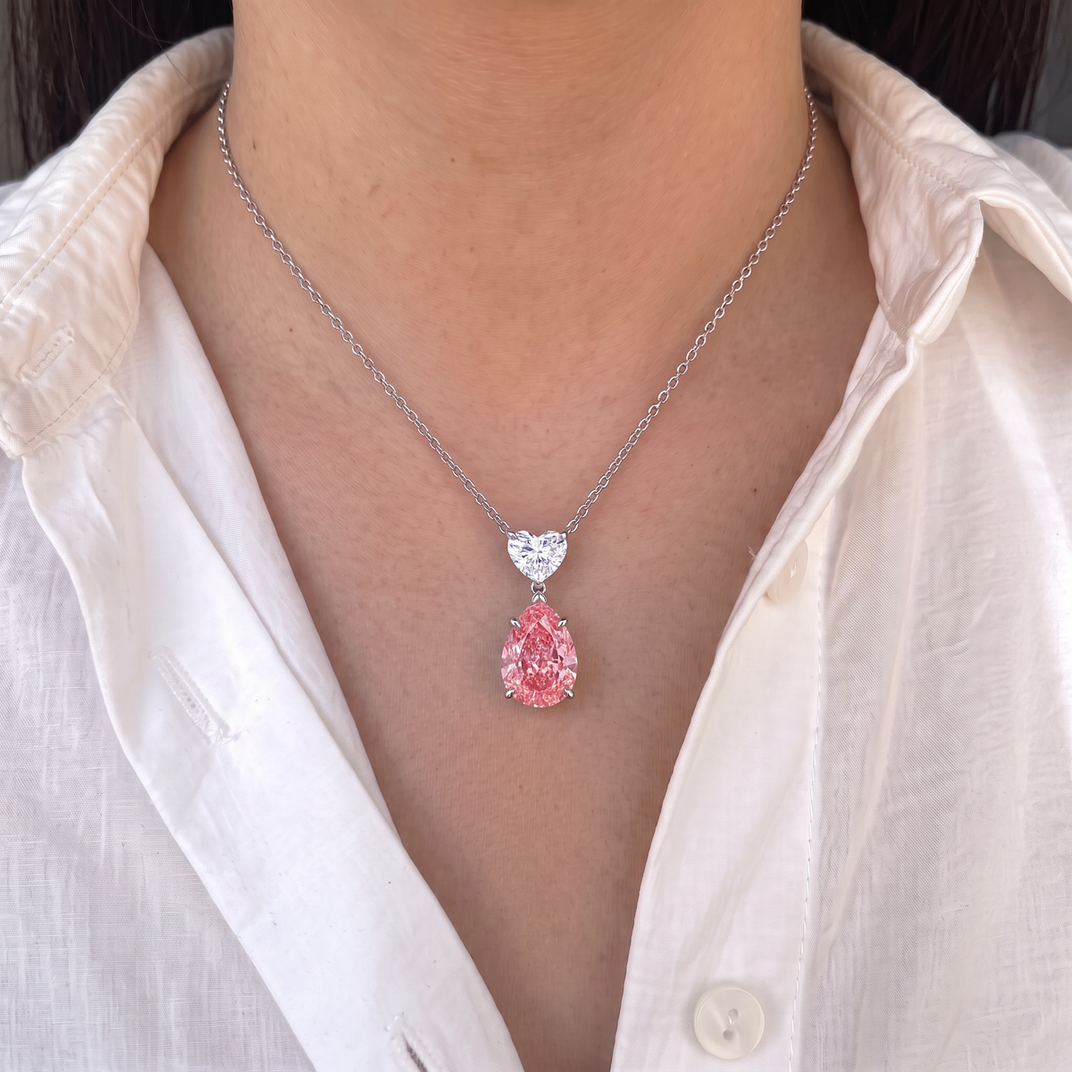 2.5 Carat Toi et Moi Fancy Vivid Pink Pear and D Color Heart Diamond Pendant