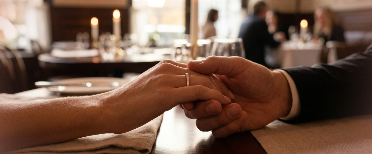 Two people holding hands in a restaurant setting with a beautiful lab grown diamond eternity band on the woman's hand.