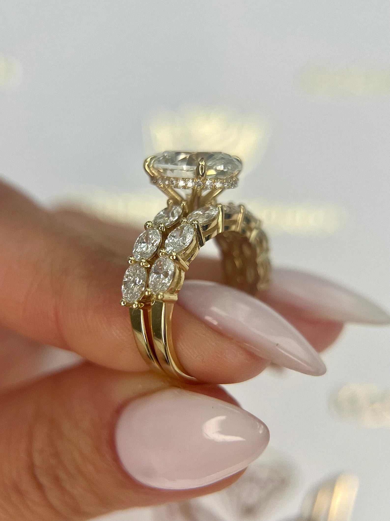 4.5 Carat E Color VVS2 Clarity Oval Diamond Hidden Halo Engagement Ring, Matching Band Set